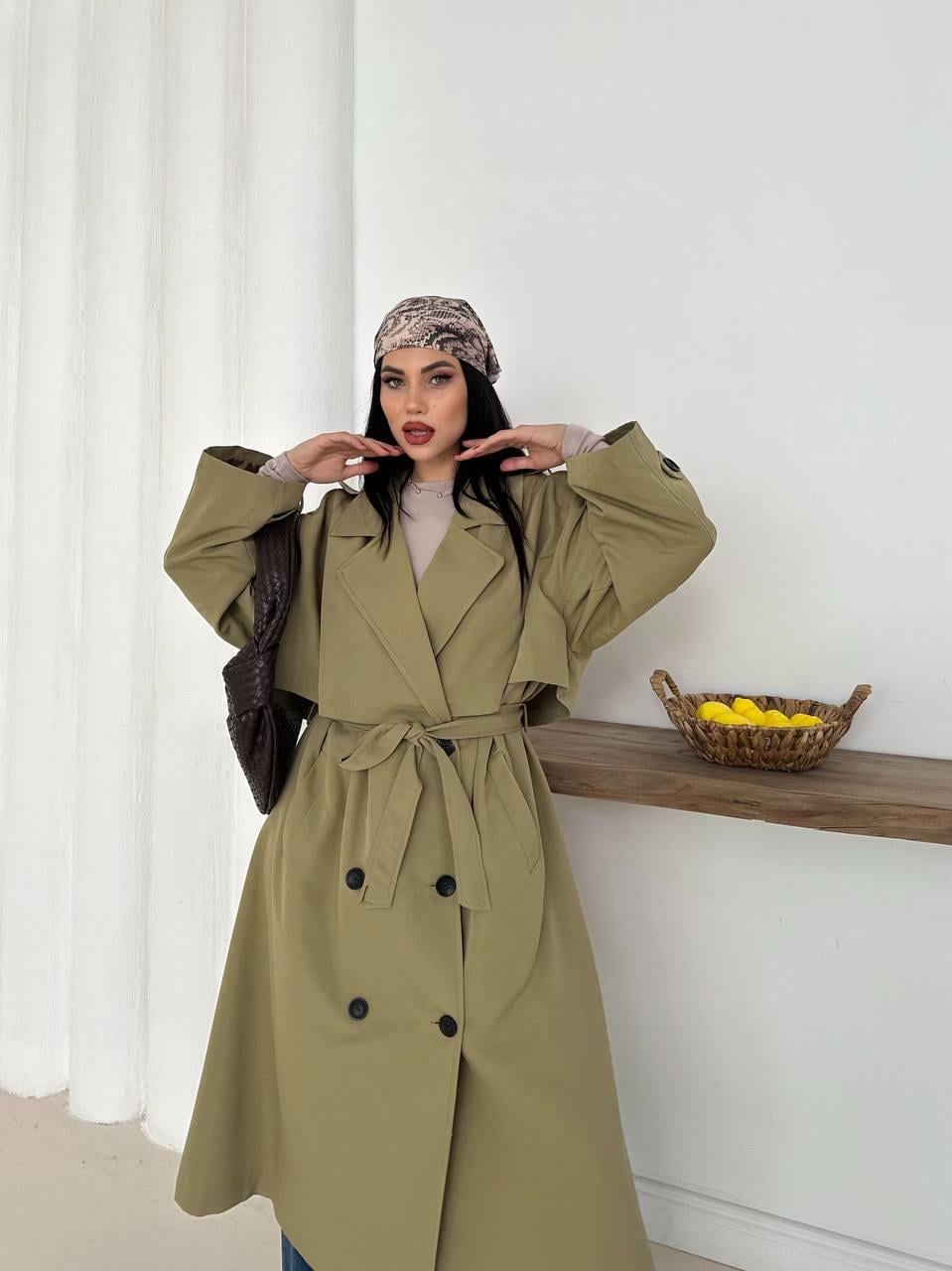 Haki Pelerinli Düğmeli Kuşaklı Maxi Trençkot