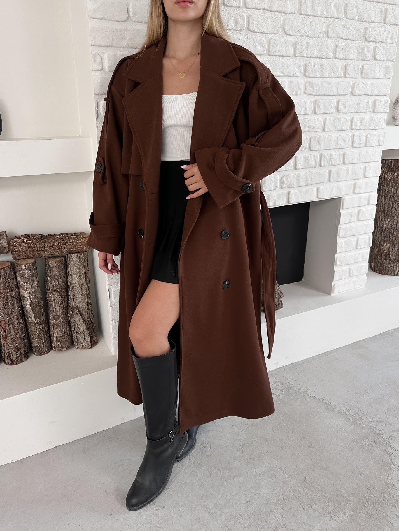 Kahverengi Kaşe Pelerinli Kuşaklı Düğmeli Oversize Kaban