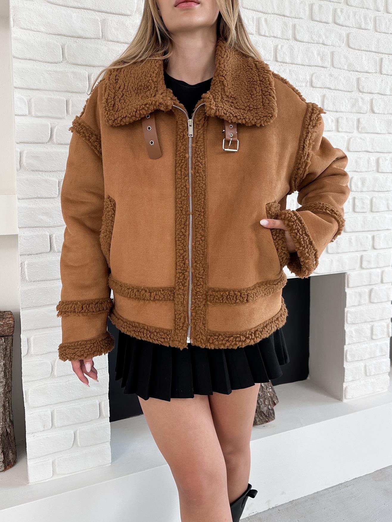 Kahverengi Kontrast Peluş Süet Biker Mont