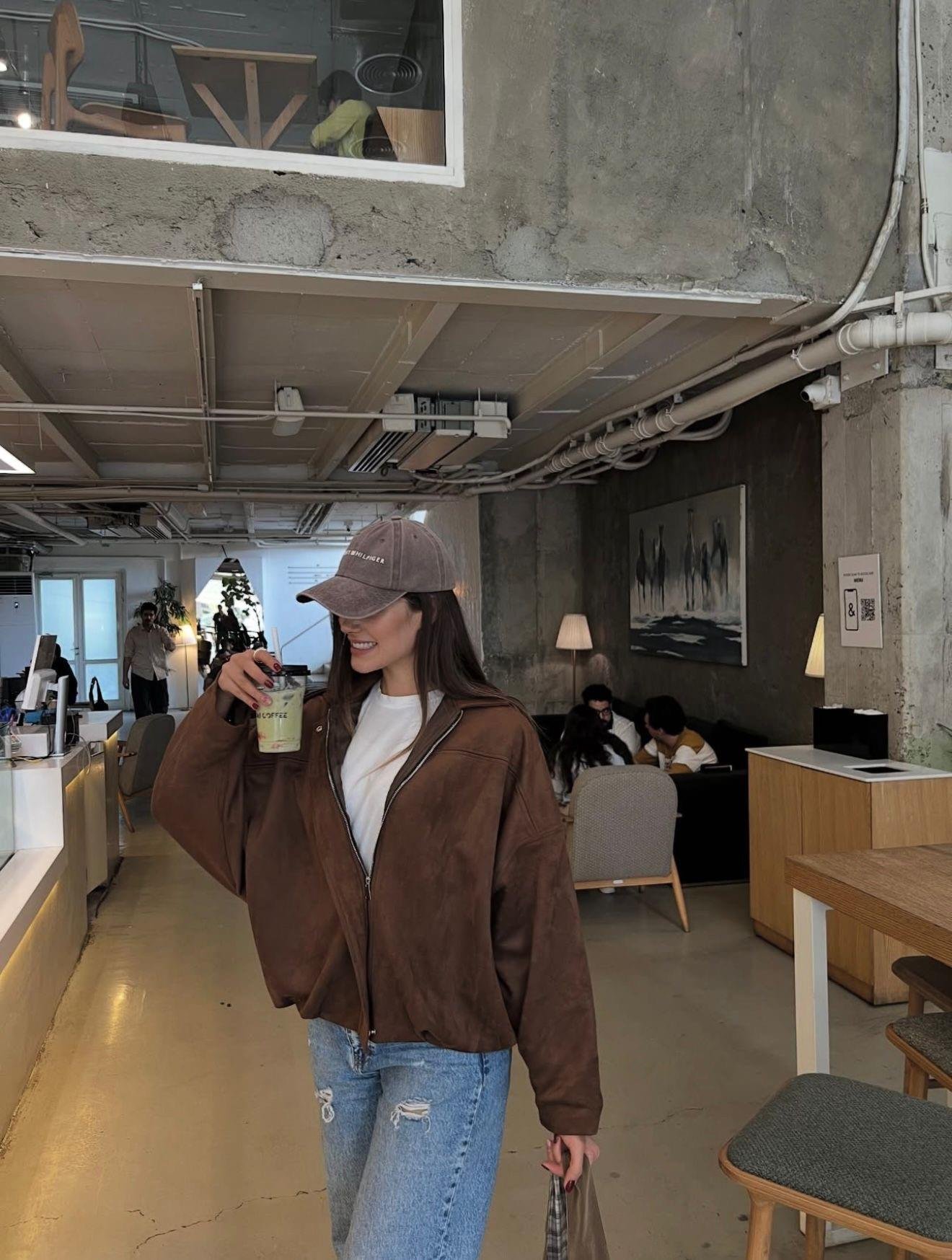 Kahverengi Oversize Patlı Crop Süet Ceket