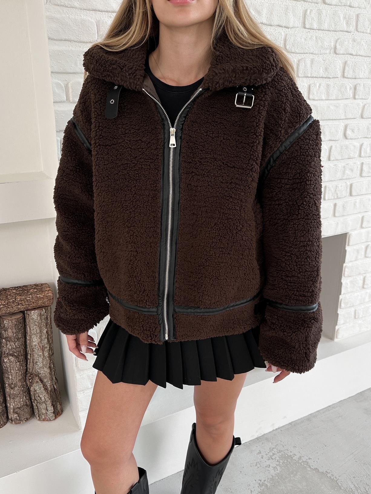 Kahverengi Peluş Fermuarlı Oversize Kuzu Mont