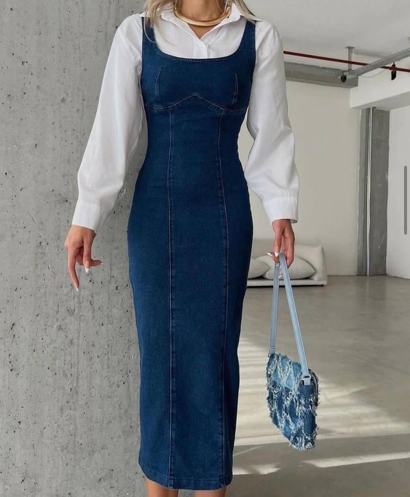 Kalın Askılı Uzun Denim Elbise