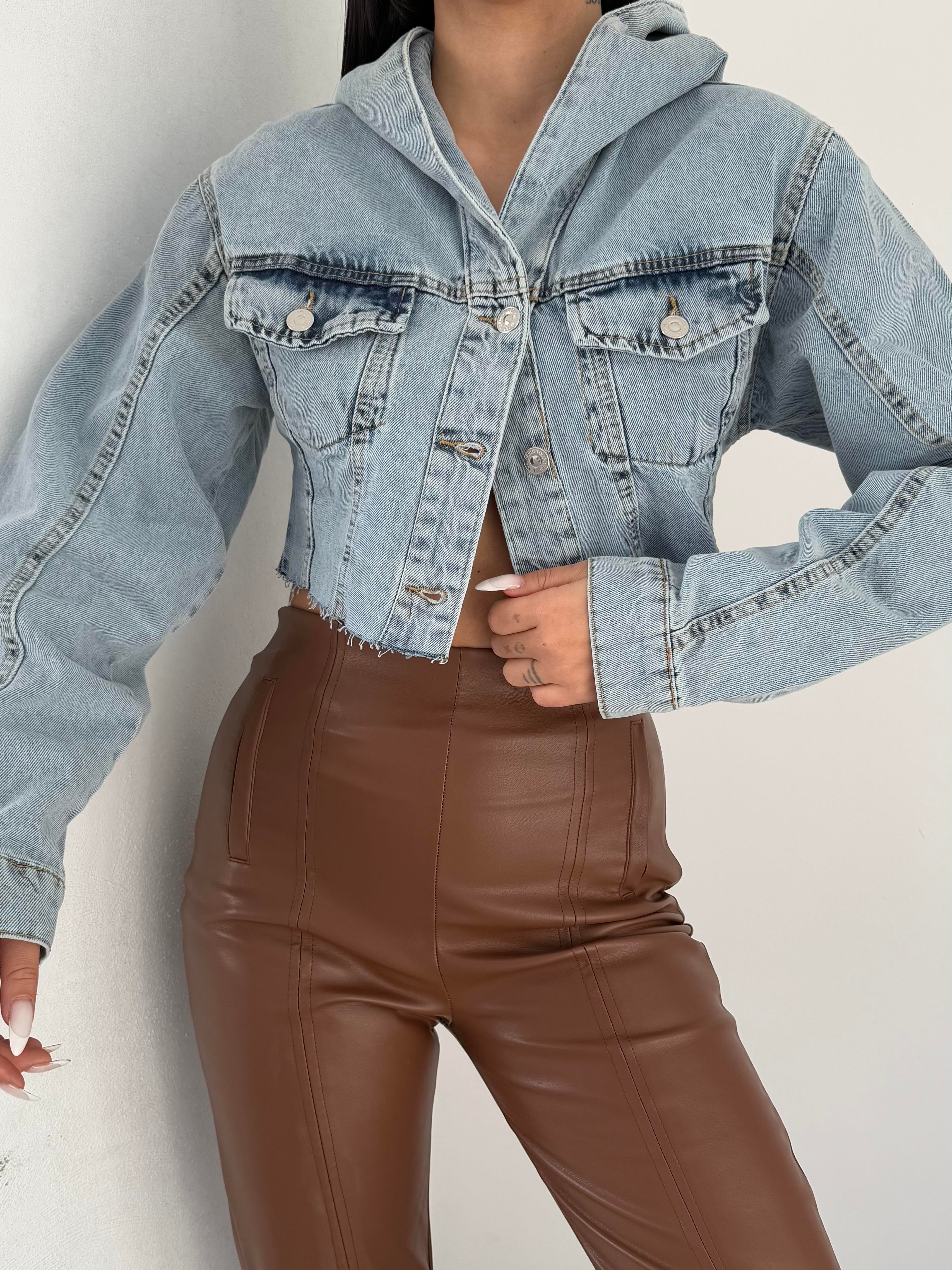 Kapişonlu Crop Denim Kot Ceket 