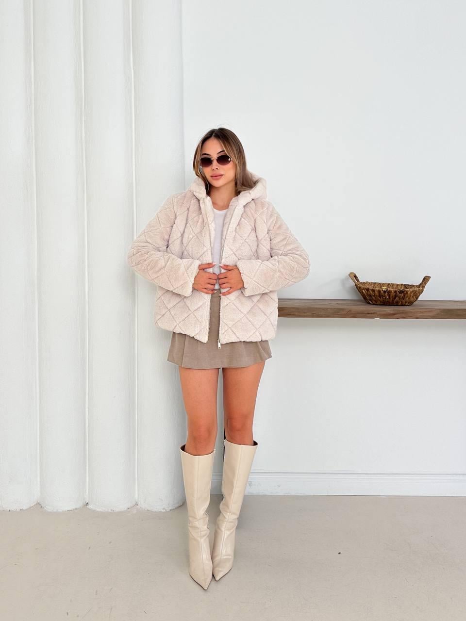 Krem Oversize Puffer Teddy Kapüşonlu Mont