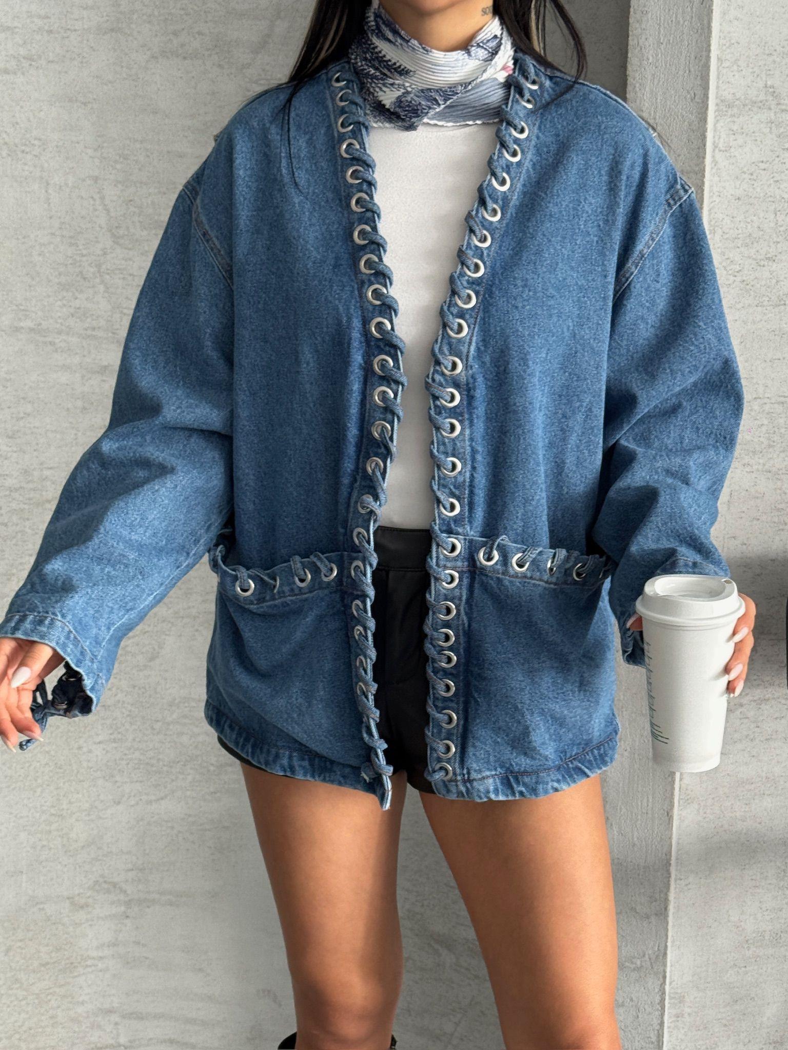Kuşgözlü Oversize Denim Ceket