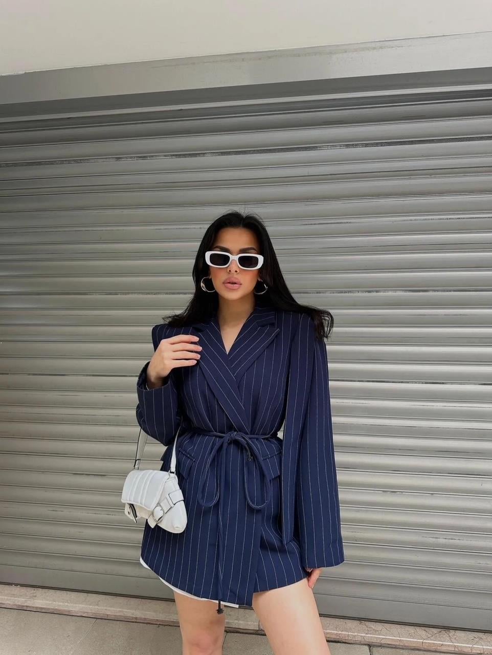 Lacivert Çizgili Bağlamalı Blazer Ceket
