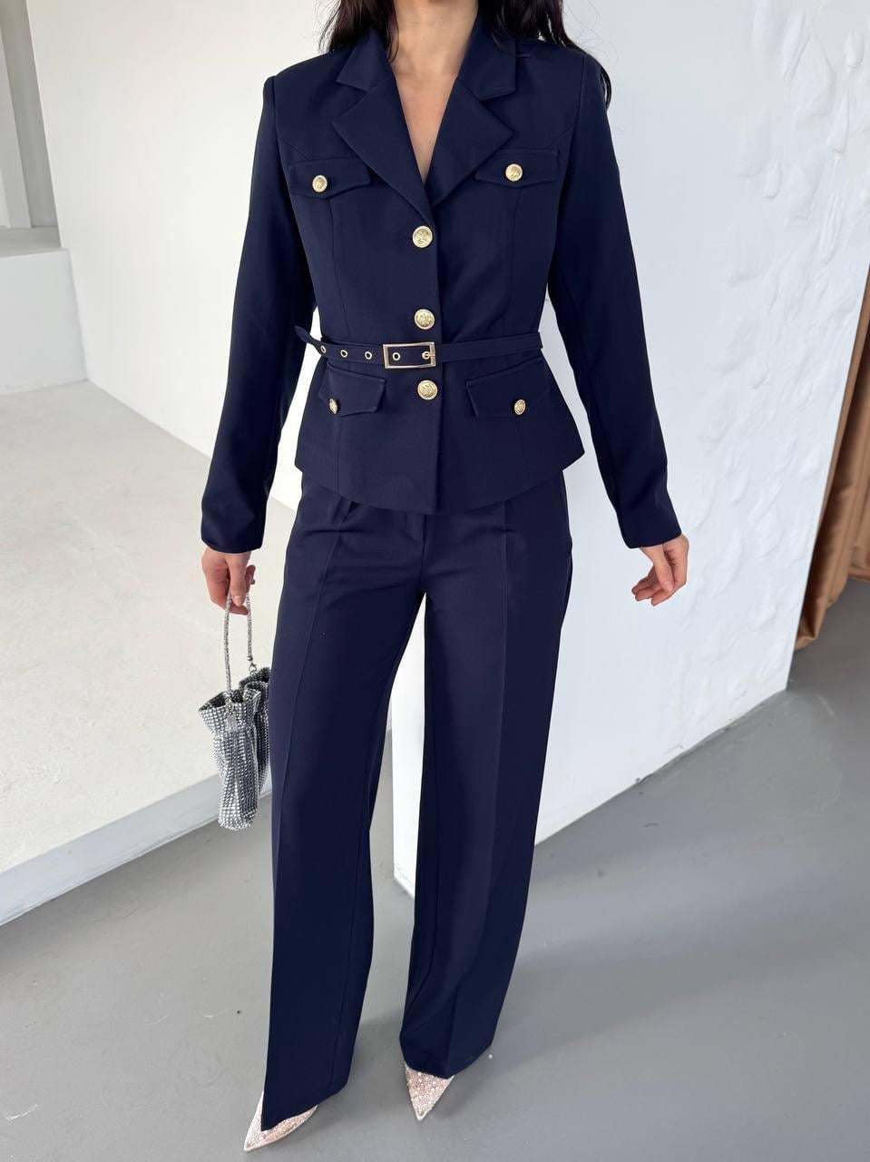 Lacivert Kemerli Ceket Pantolon Blazer Takım