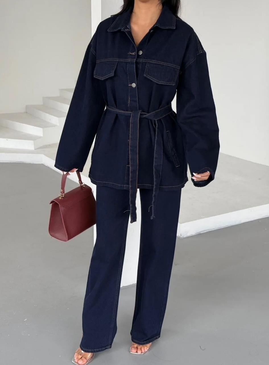 Lacivert Yıkamalı Kuşaklı Denim Takım