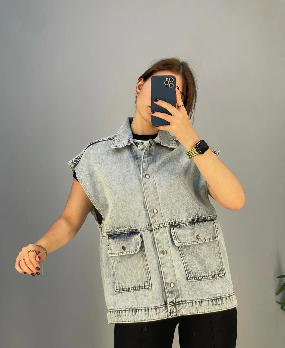 Mavi Büyük Cepli Denim Yelek