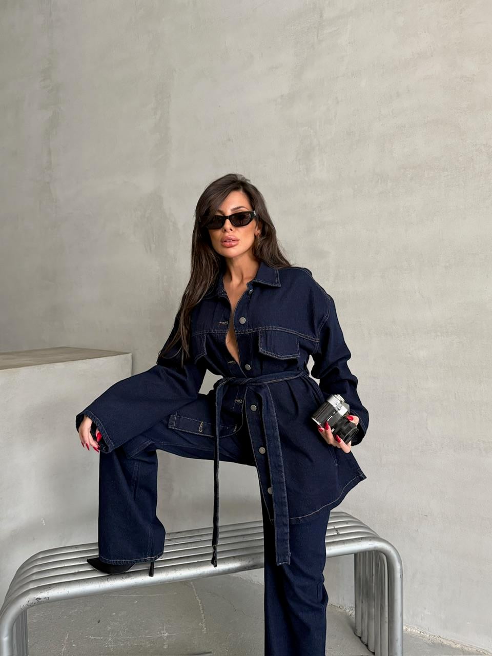 Mavi Kuşaklı Denim Takım 