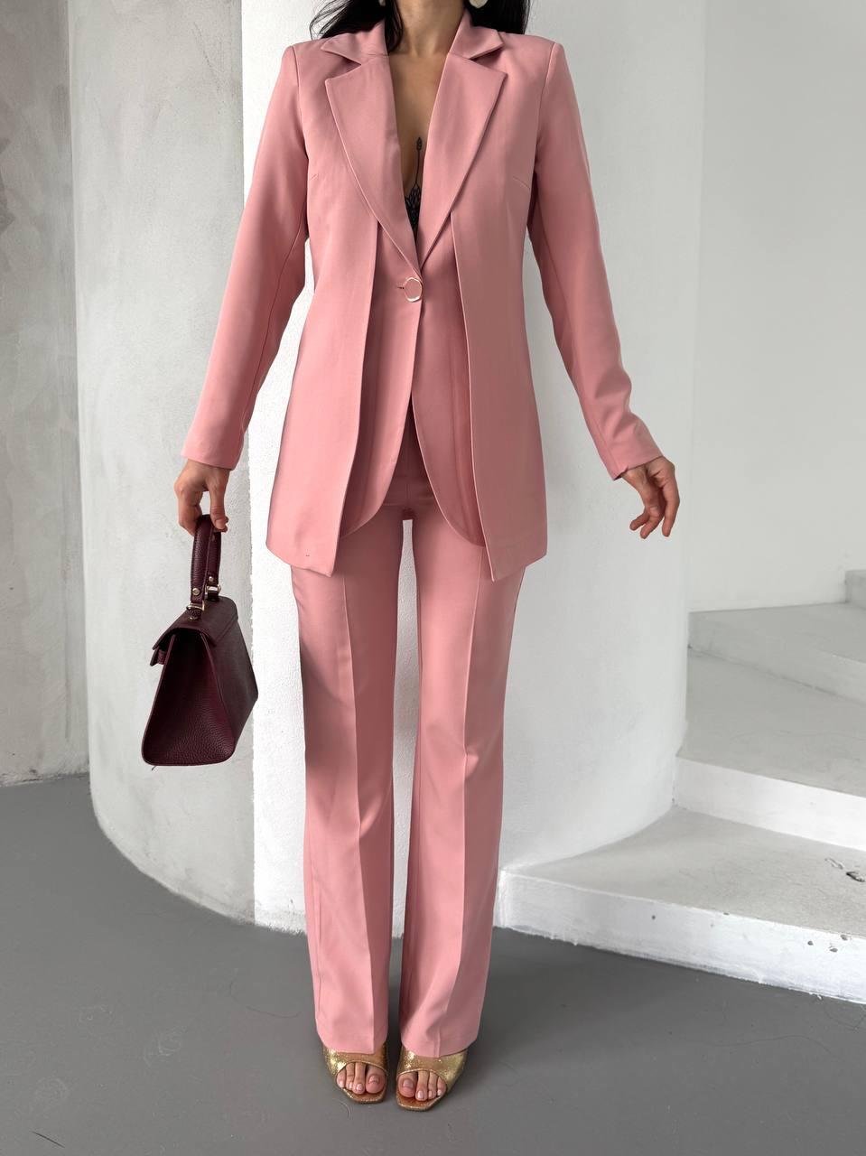 Pembe Çift Kuşak Görünümlü Blazer Takım
