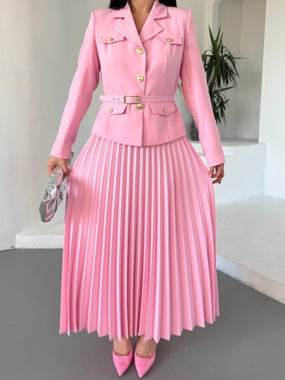 Pembe  Kemerli Pilise Etekli Blazer Takım