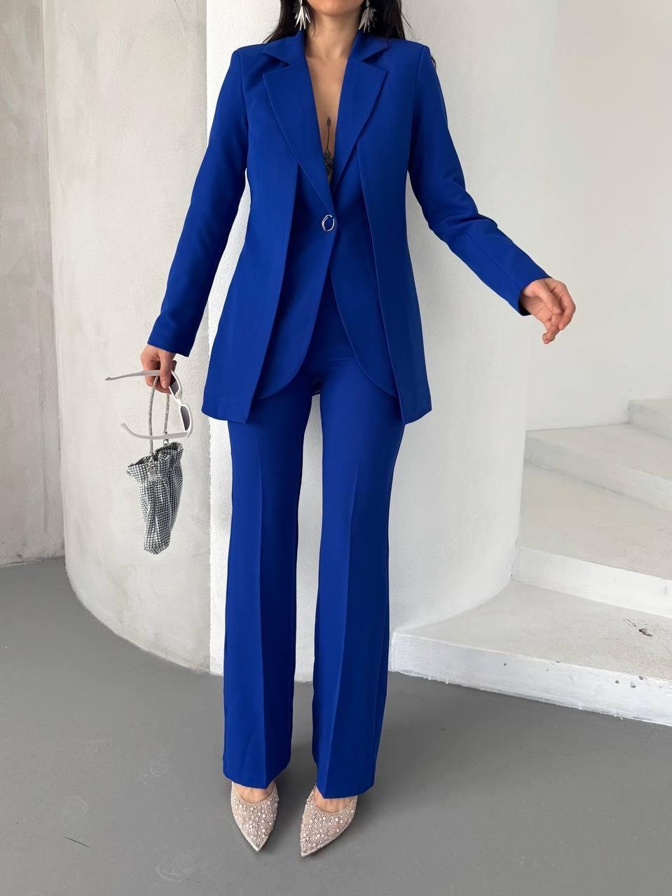 Saks Mavi Çift Kuşak Görünümlü Blazer Takım