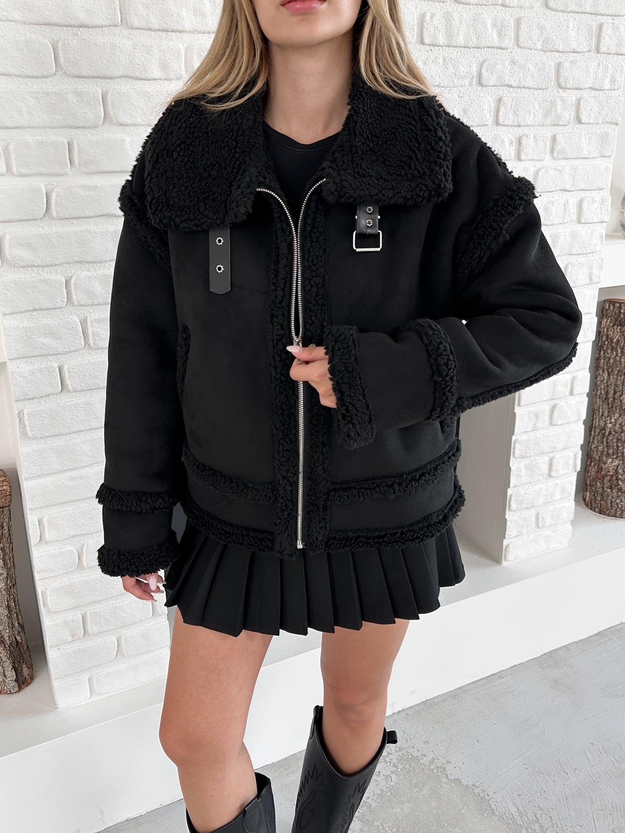 Siyah Kontrast Peluş Süet Biker Mont