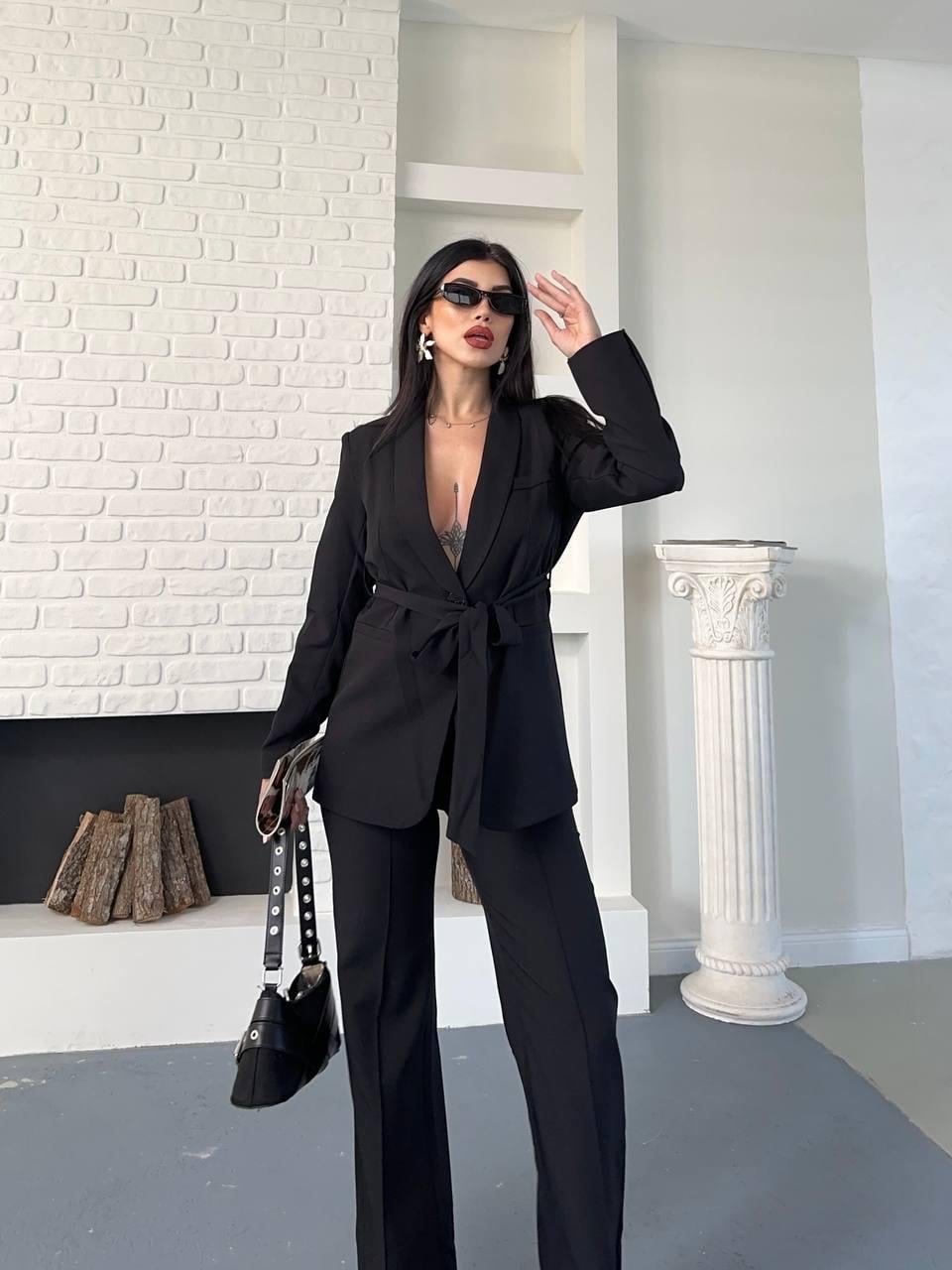 Siyah Kuşaklı Bağlamalı Ceket Pantolon Blazer Takım