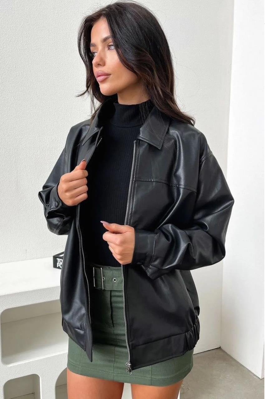 Siyah Oversize Bomber Deri Ceket