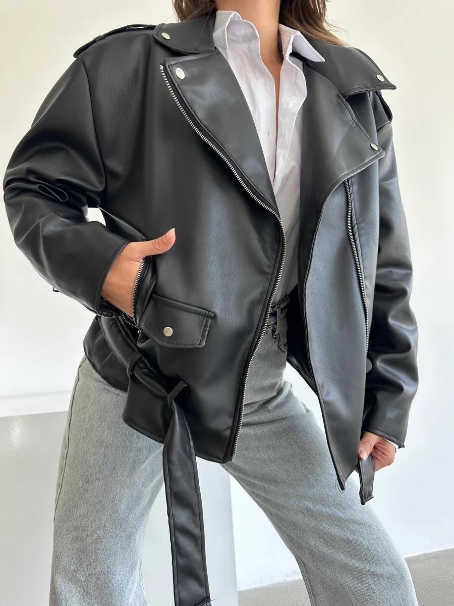 Siyah Oversize Boyfriend Kemerli Deri Ceket