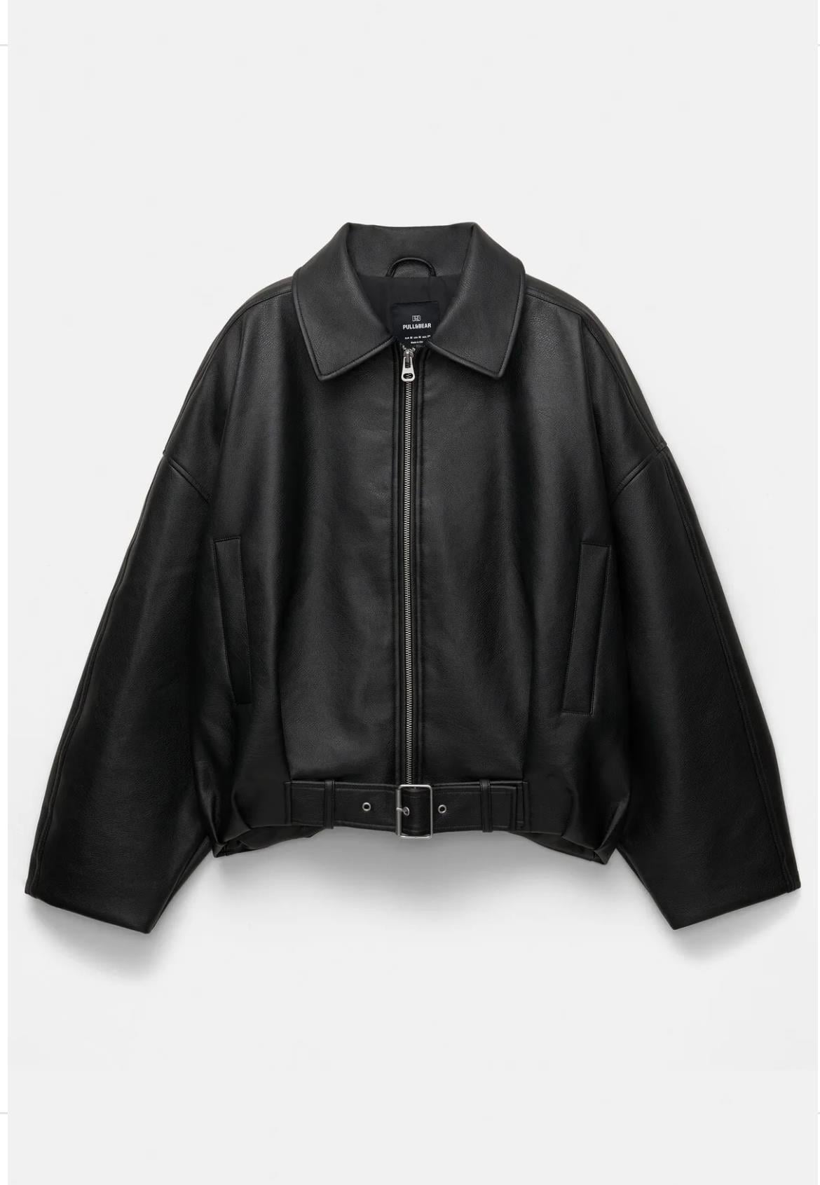 Siyah Oversize Kemerli Bomber Deri Ceket