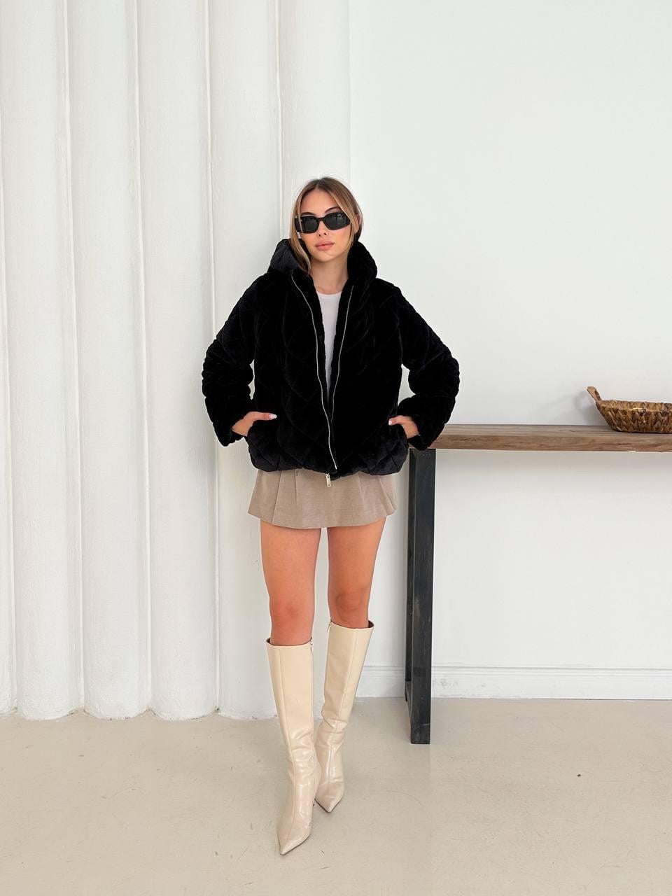 Siyah Oversize Puffer Teddy Kapüşonlu Mont