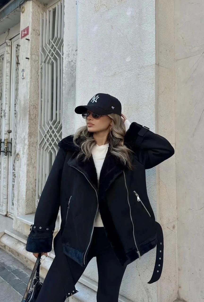 Siyah Tay Tüy İçi Peluş Süet Mont