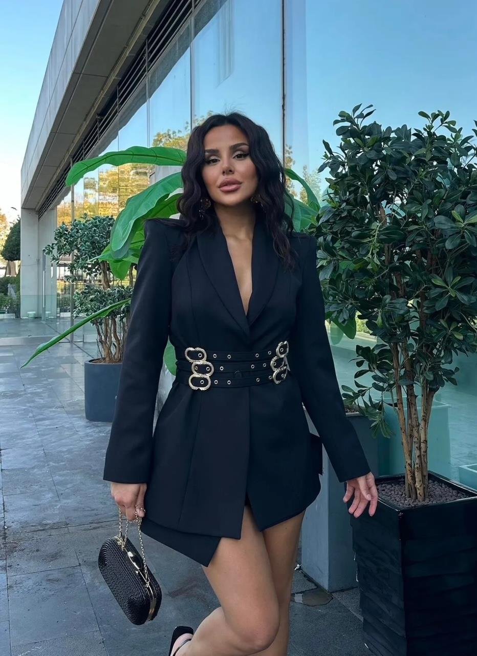 Siyah Üç Kemerli Blazer Ceket Elbise