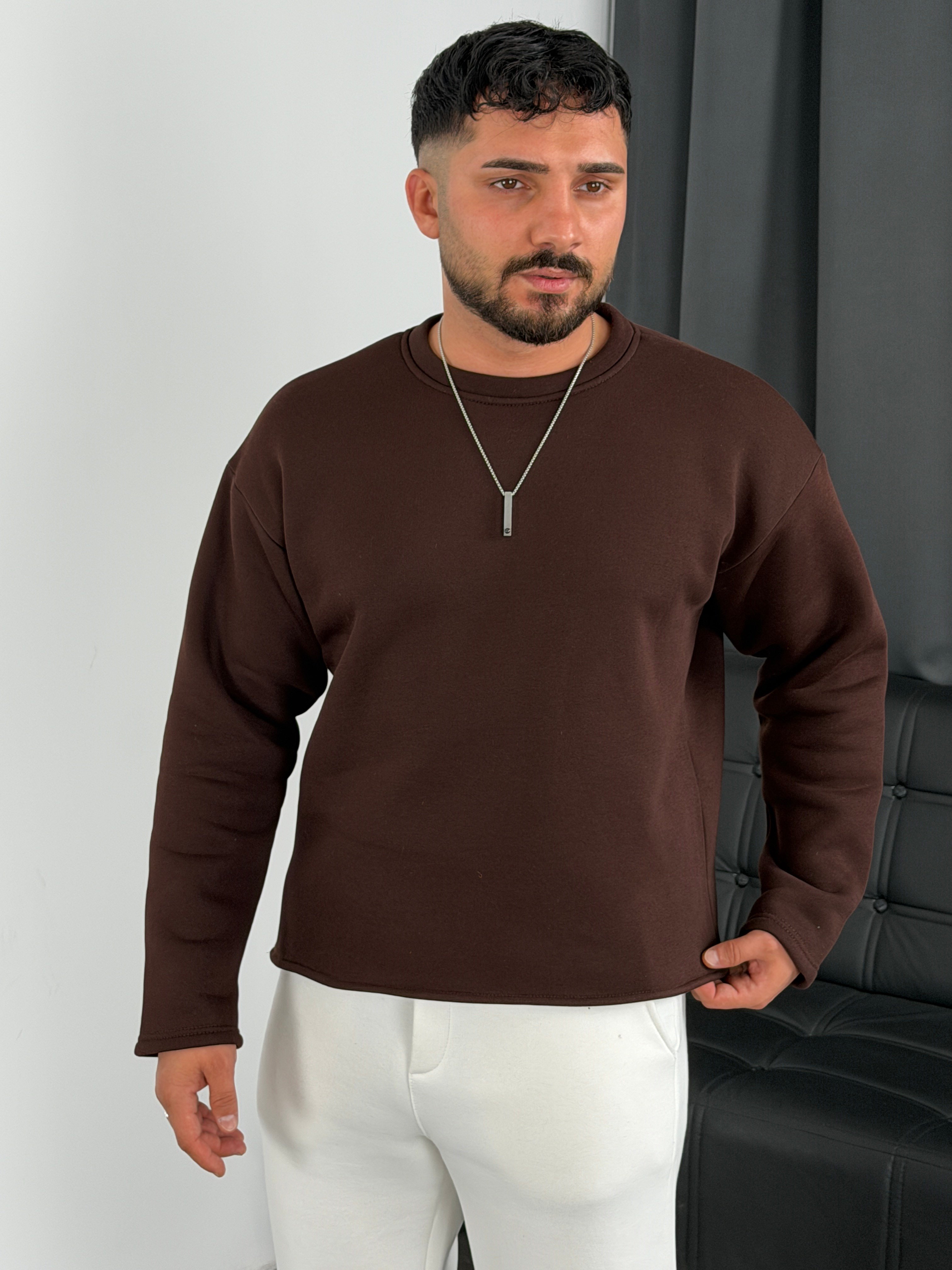 3 İplik Şardonlu Boxy Kalıp Sweatshirt Acı Kahve