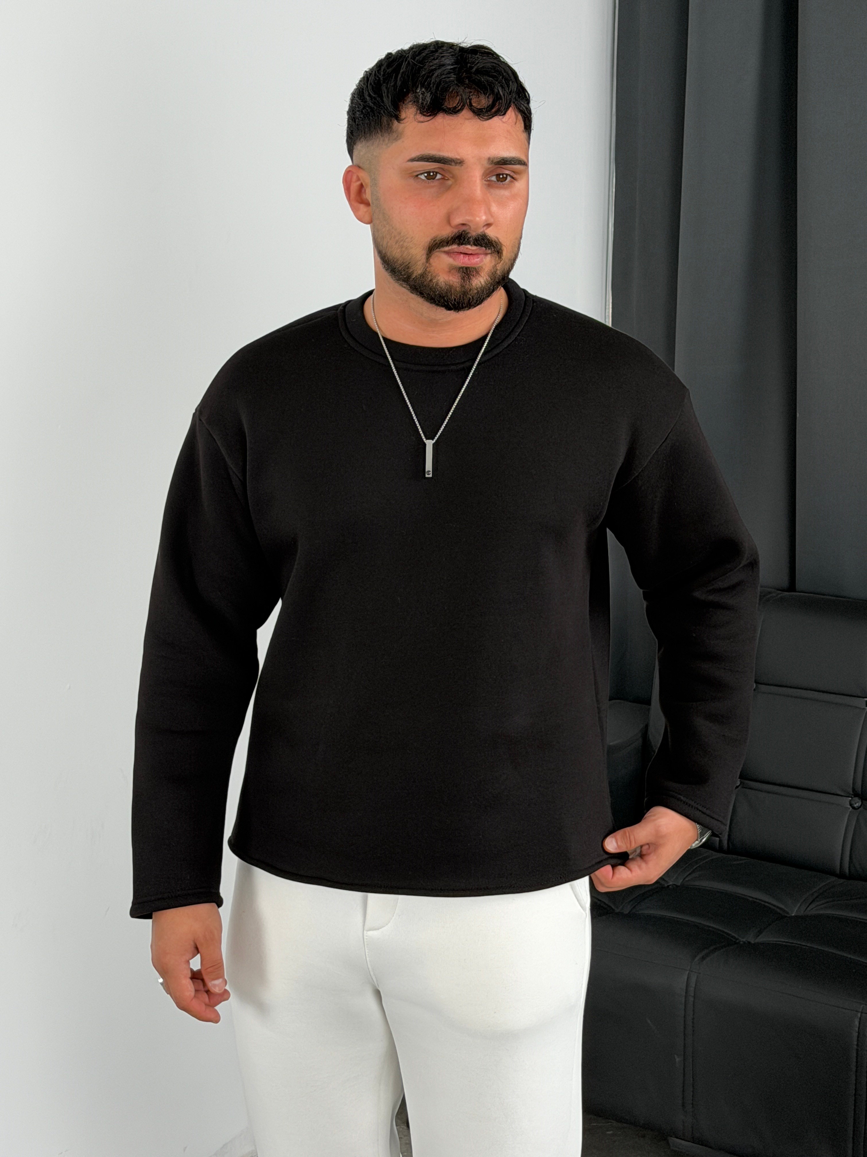3 İplik Şardonlu Boxy Kalıp Sweatshirt Siyah