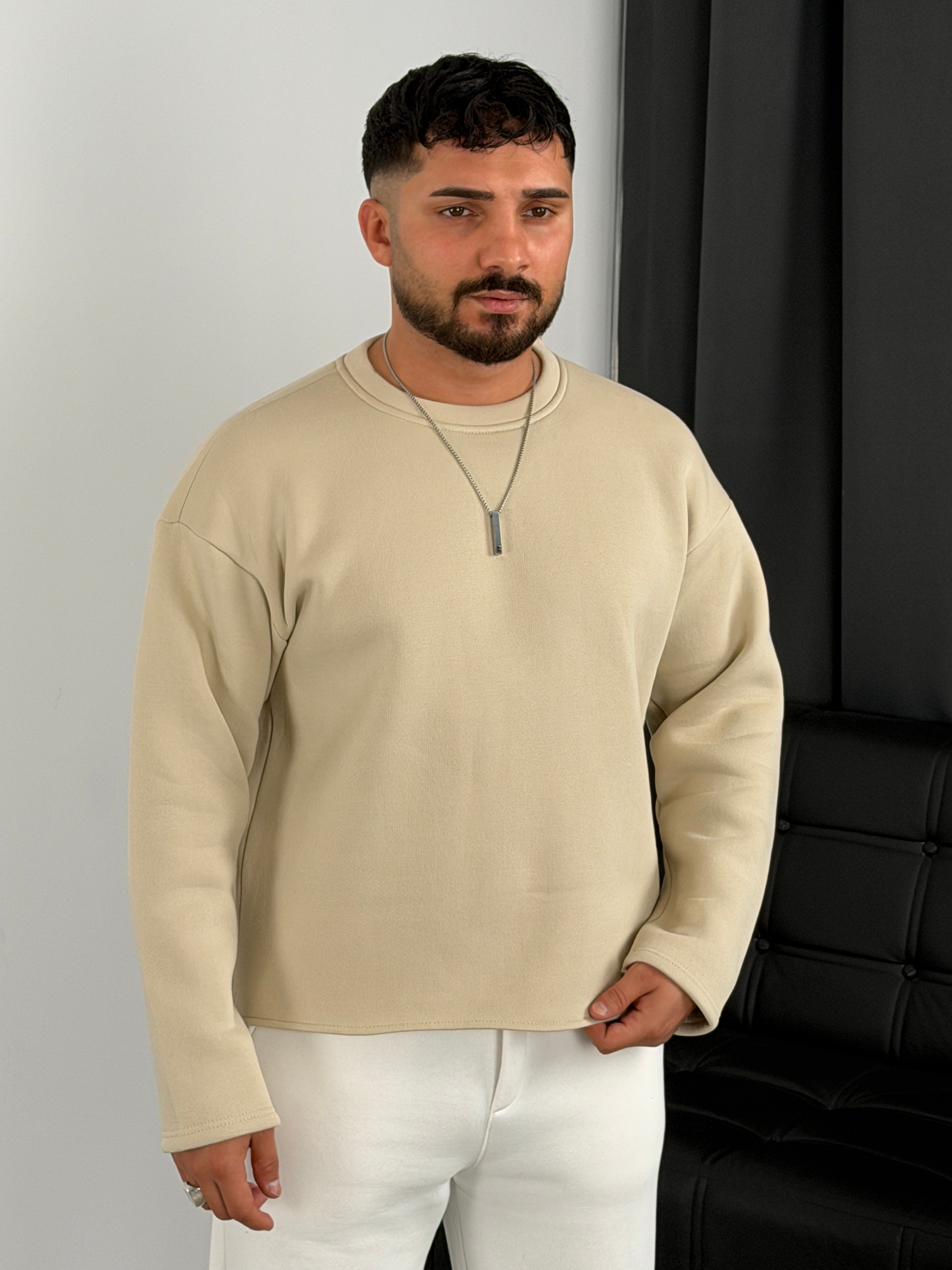 3 İplik Şardonlu Boxy Kalıp Sweatshirt Bej