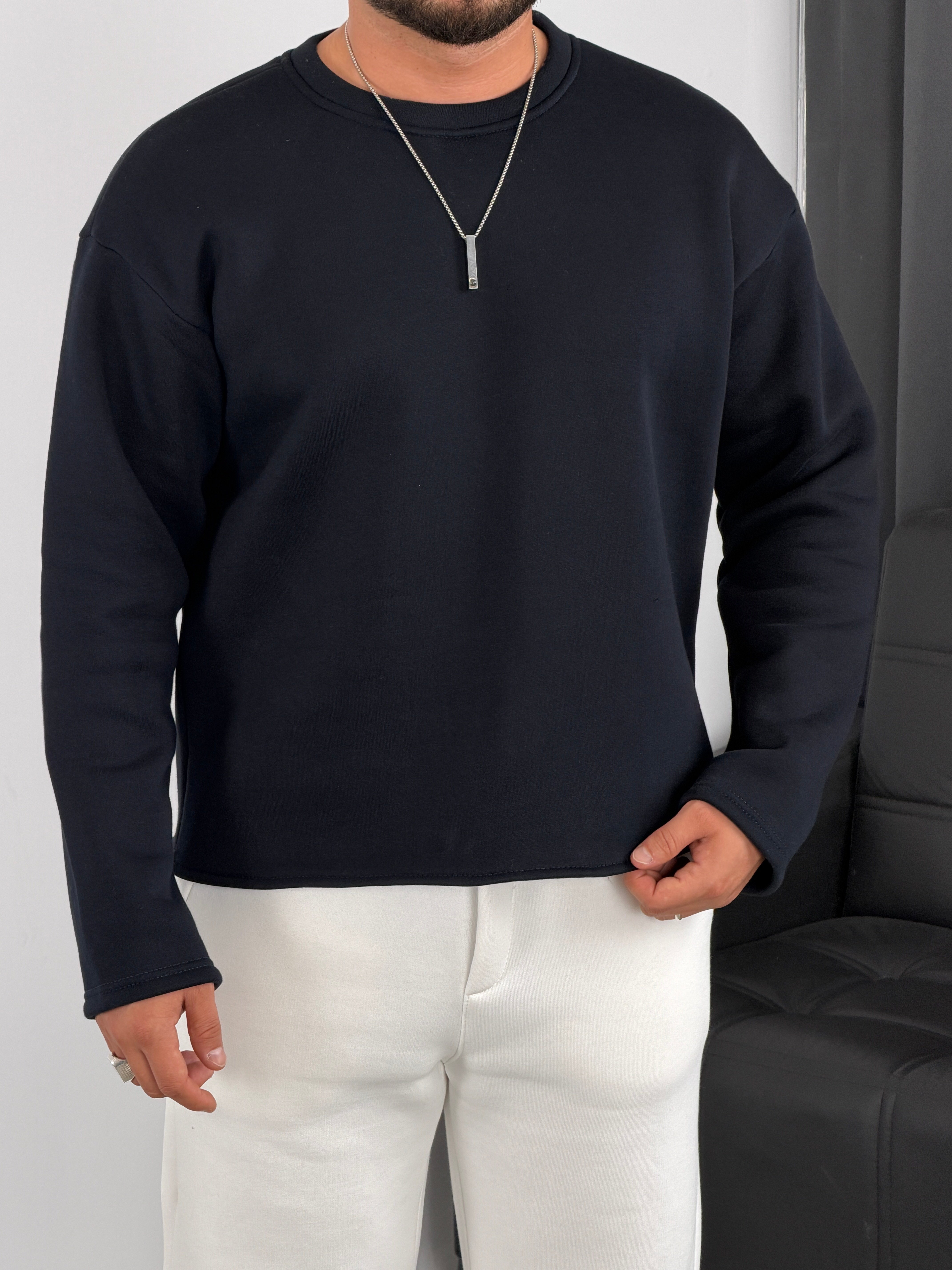3 İplik Şardonlu Boxy Kalıp Sweatshirt Lacivert