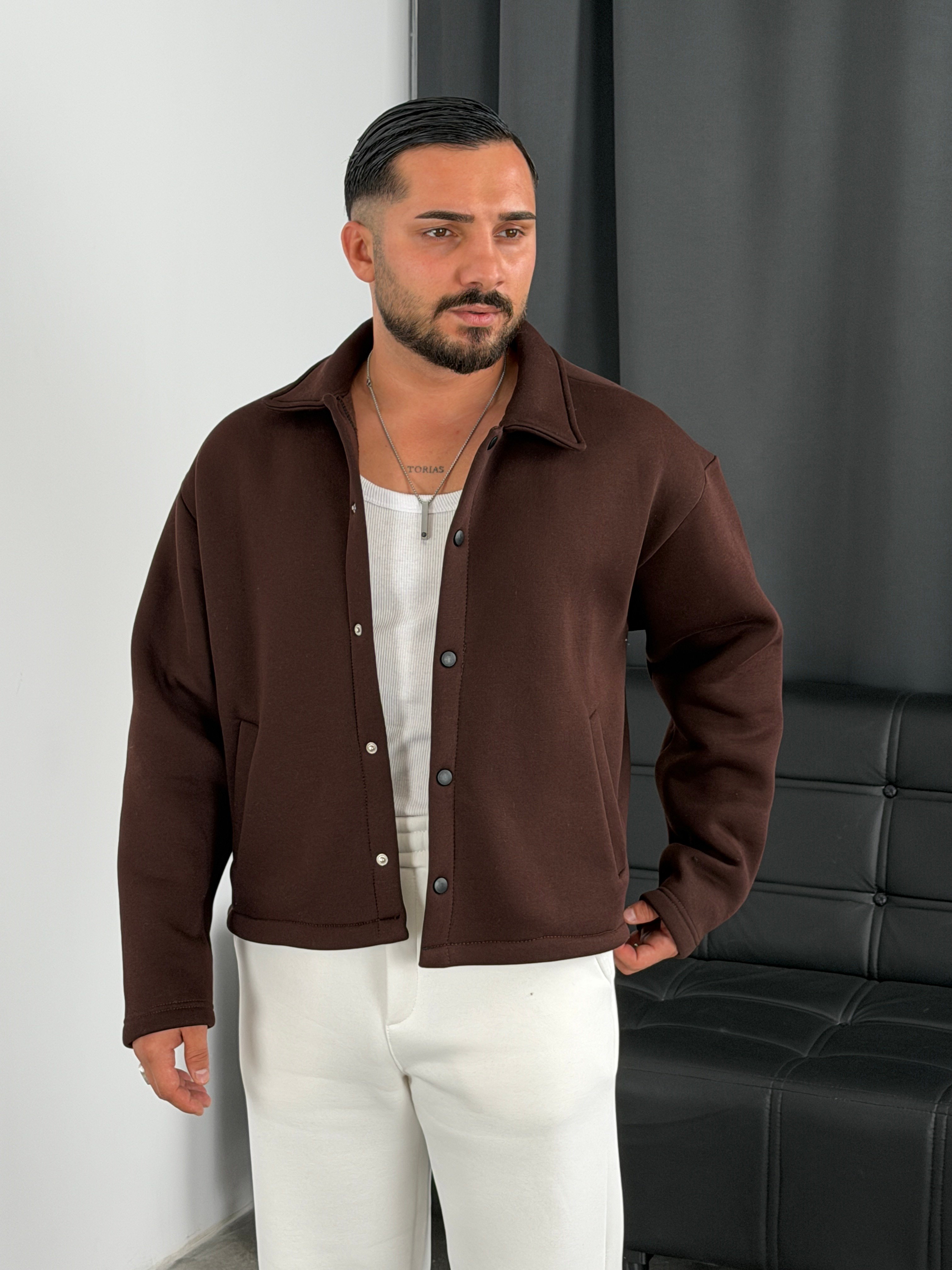 3 İplik Şardonlu Boxy Premium Ceket Acı Kahve