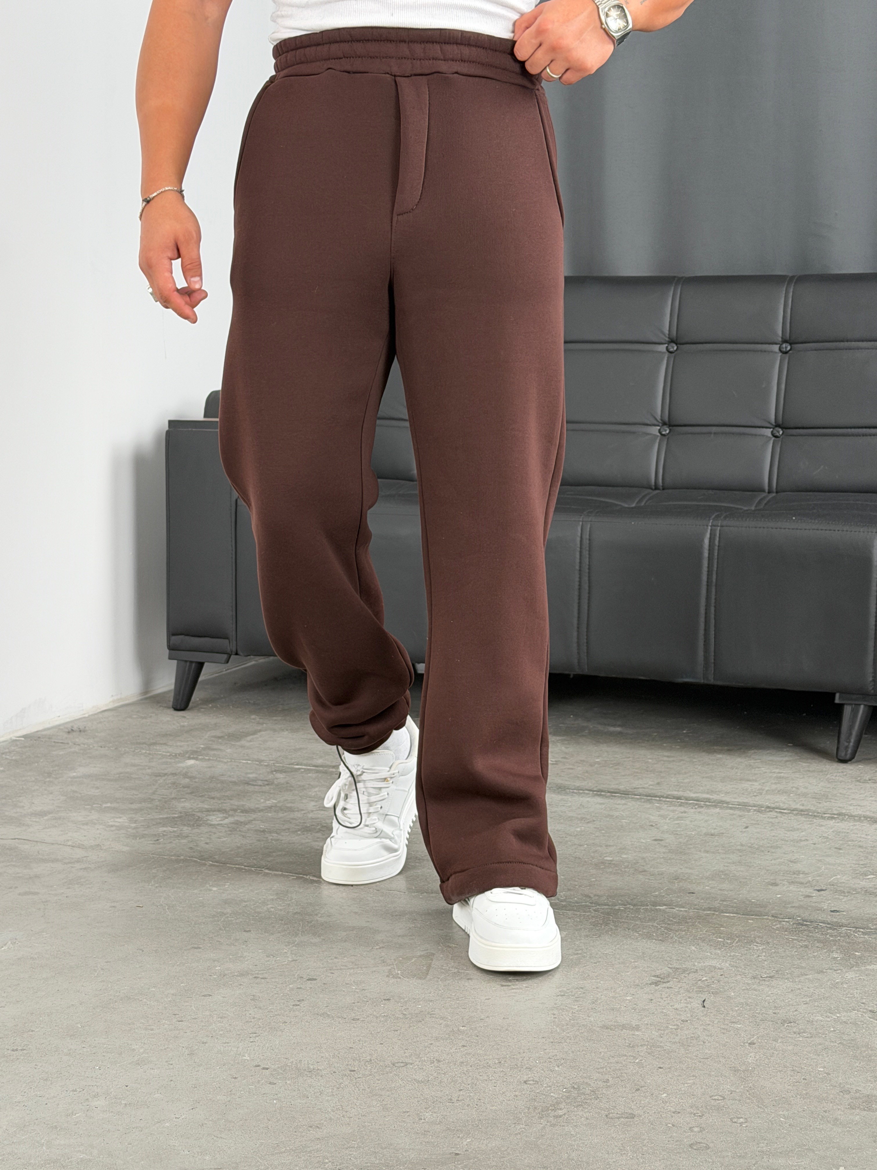 3 İplik Şardonlu Stoperli Baggy Pantolon Acı Kahve