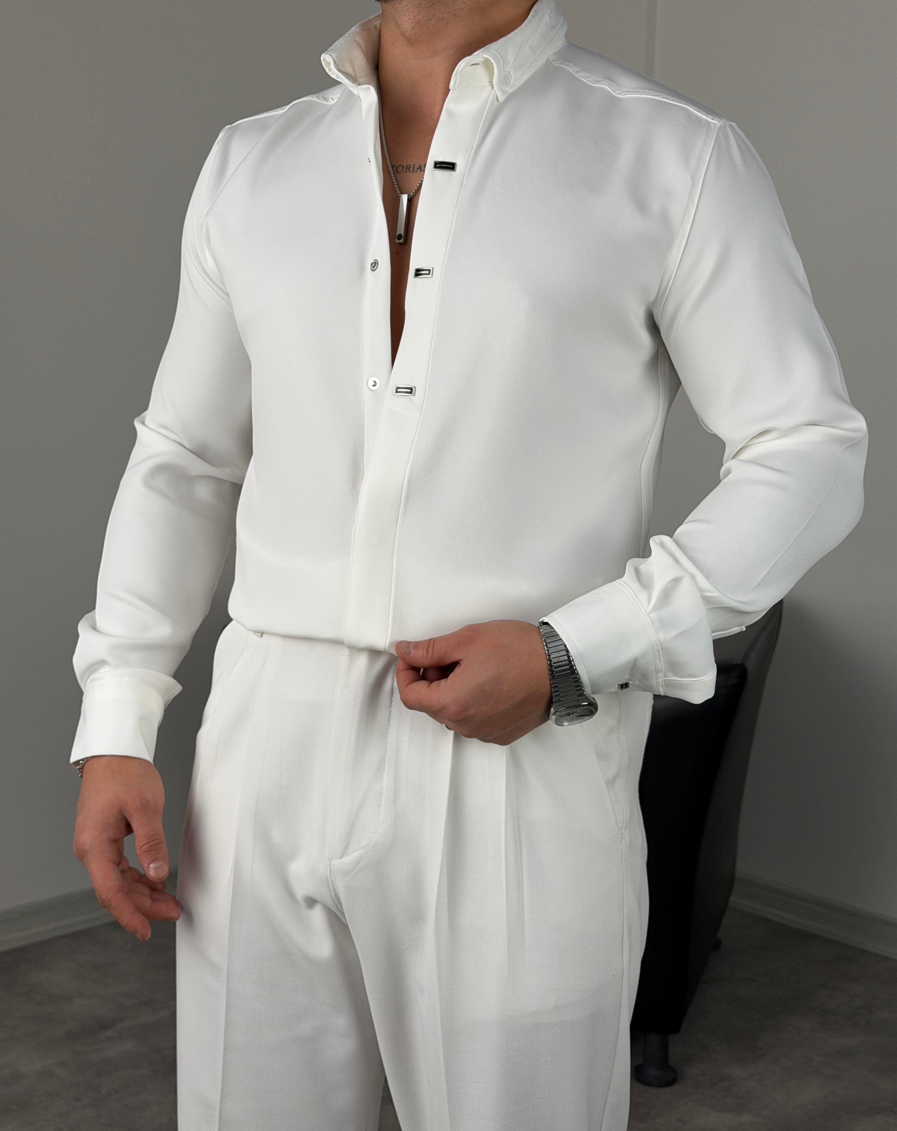 AKSESUARLI PREMİUM UZUNKOL GÖMLEK BEYAZ