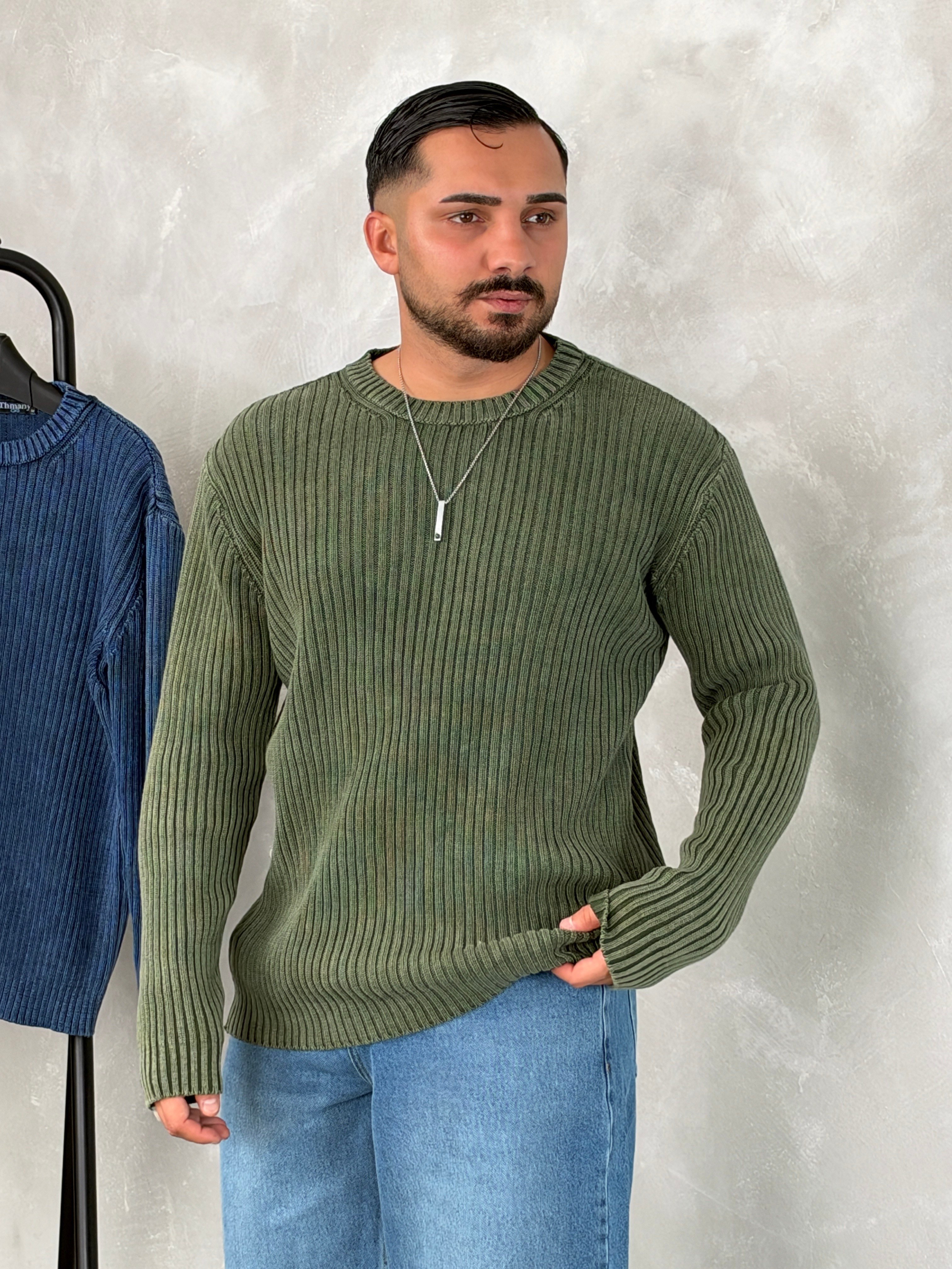 Asit Yıkama %100 Triko Bisiklet Yaka Sweatshirt Yeşil