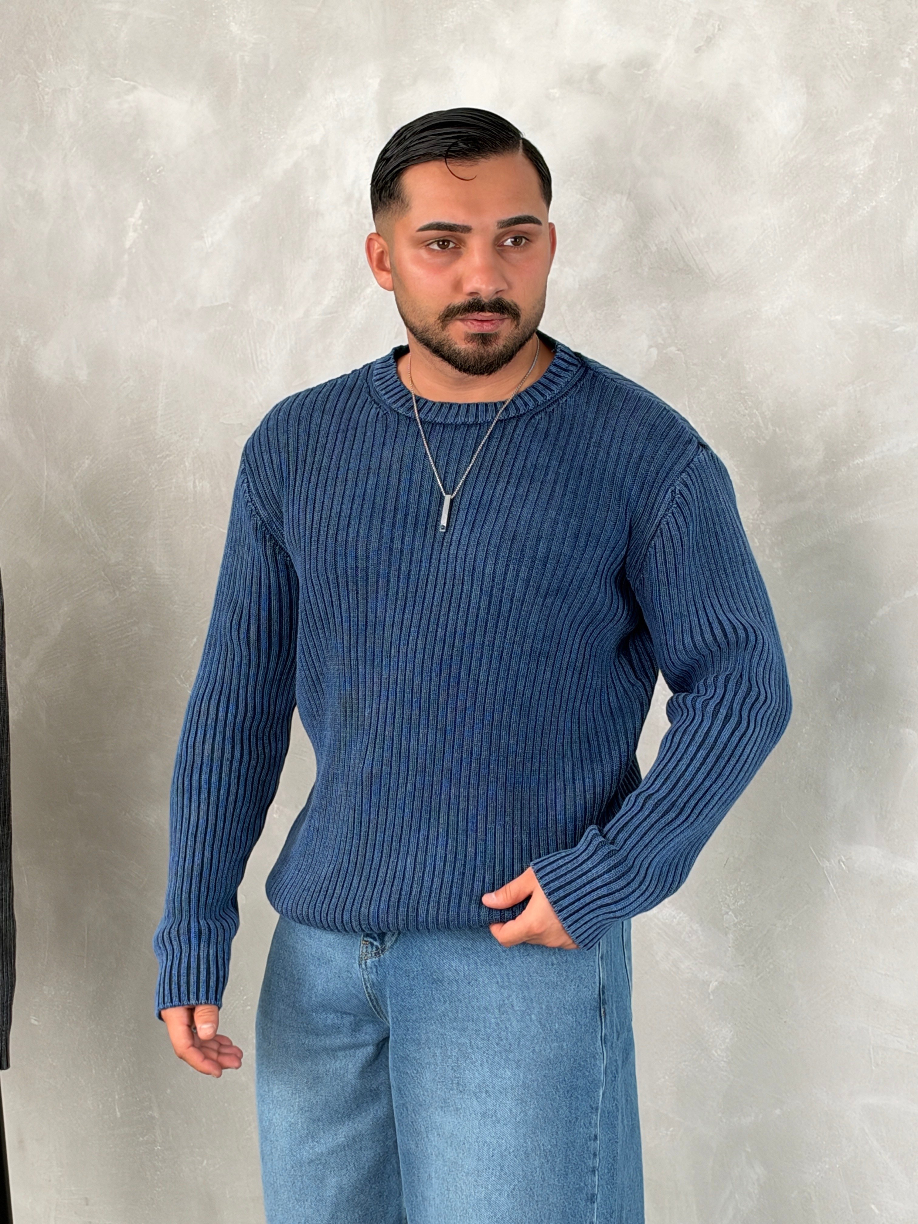 Asit Yıkama %100 Triko Bisiklet Yaka Sweatshirt Lacivert