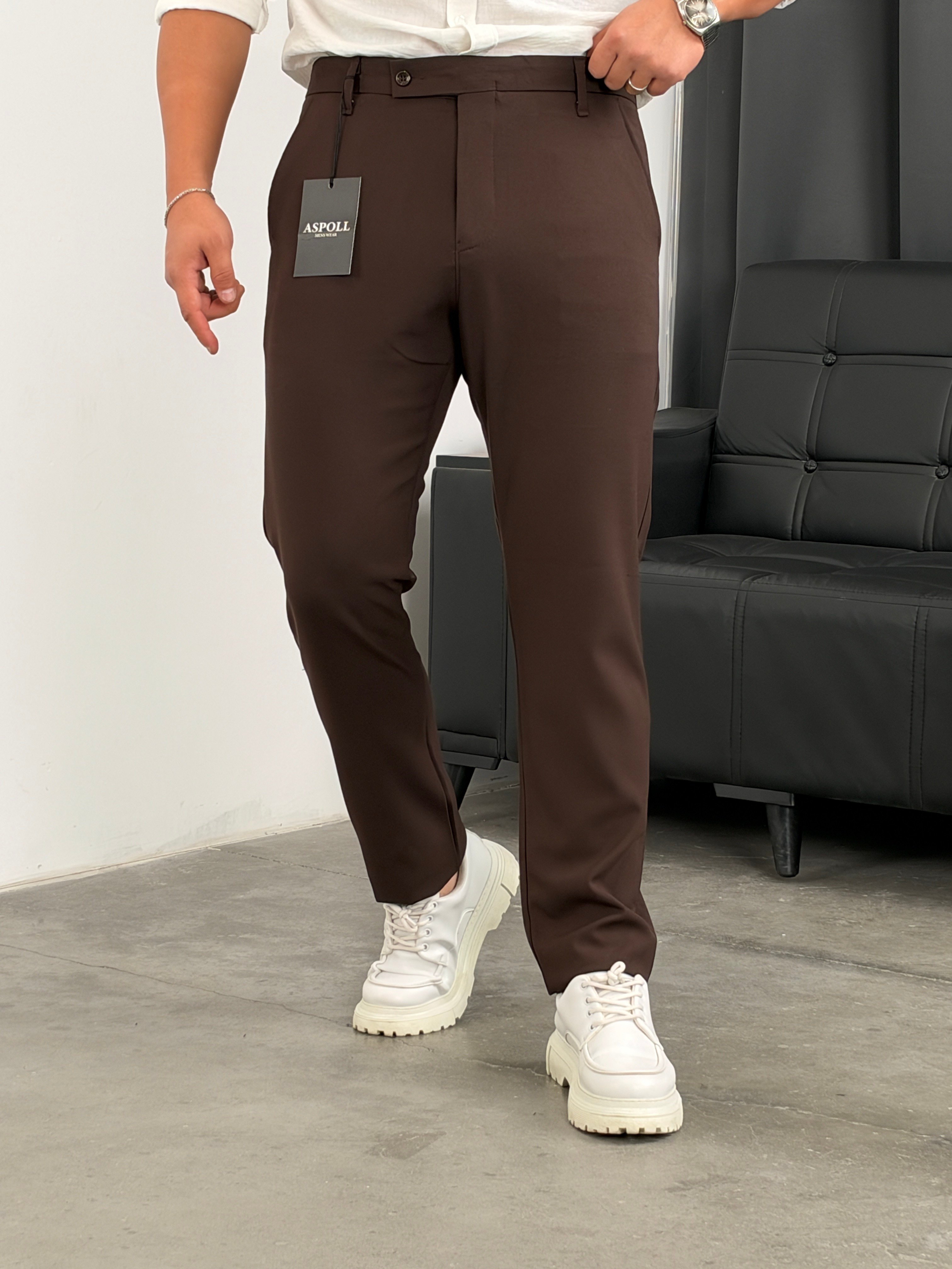 Asp Dil Detay Likralı Kumaş Pantolon Acı Kahve