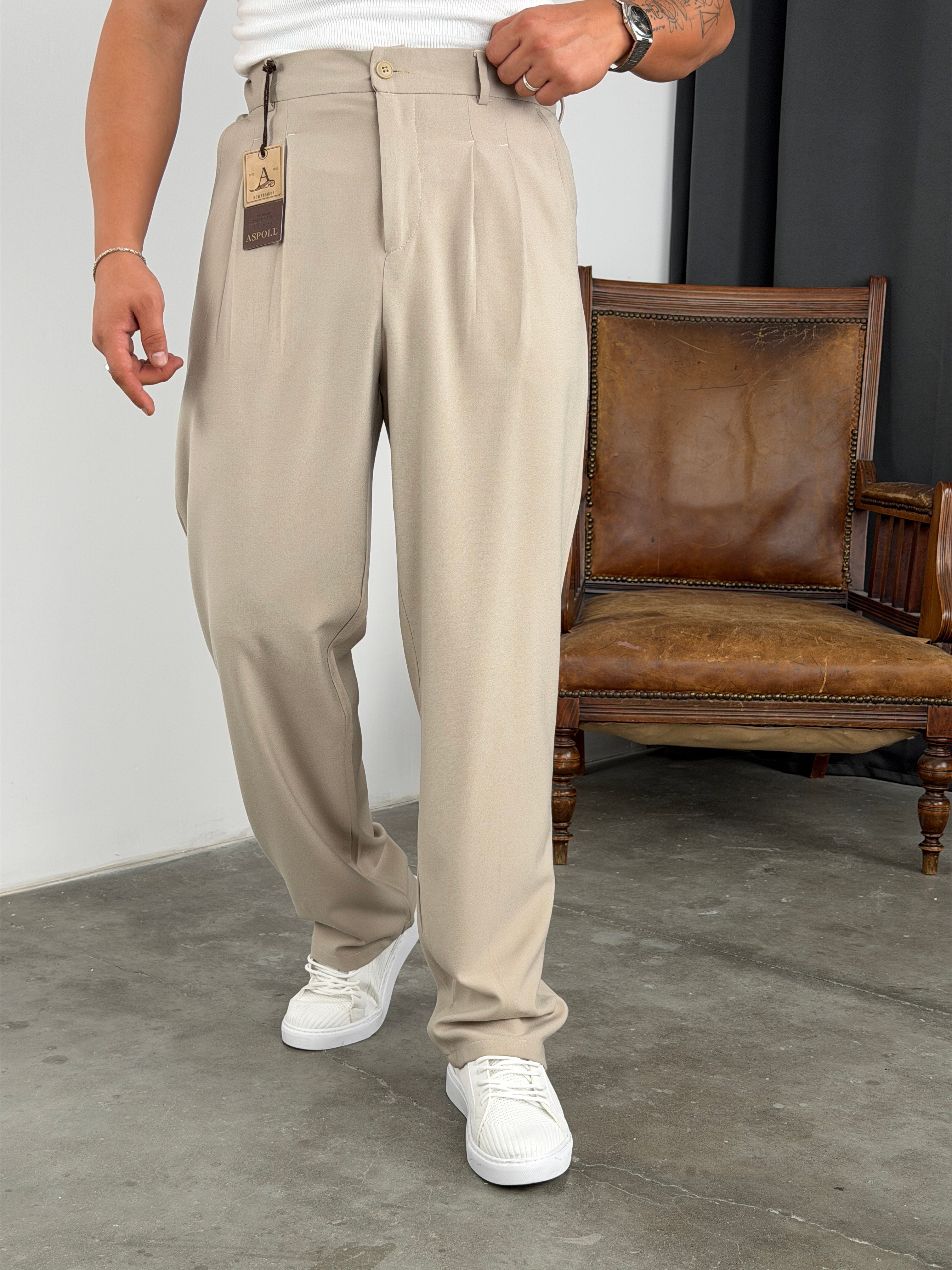 BASİC PİLELİ SÜPER BAGGY KUMAŞ PANTOLON BEJ