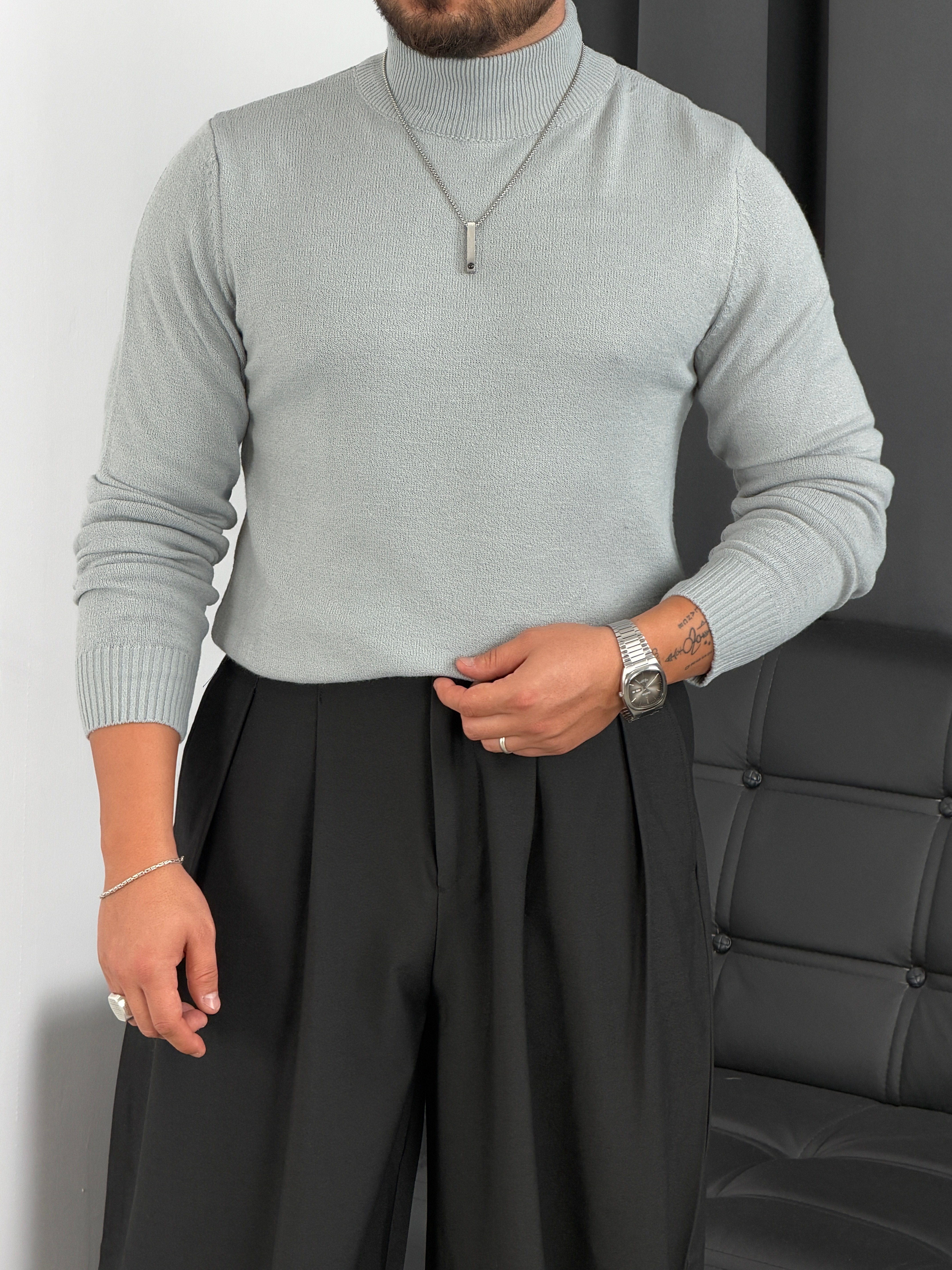 Basic Triko Balıkçı Yaka Sweatshirt Gri