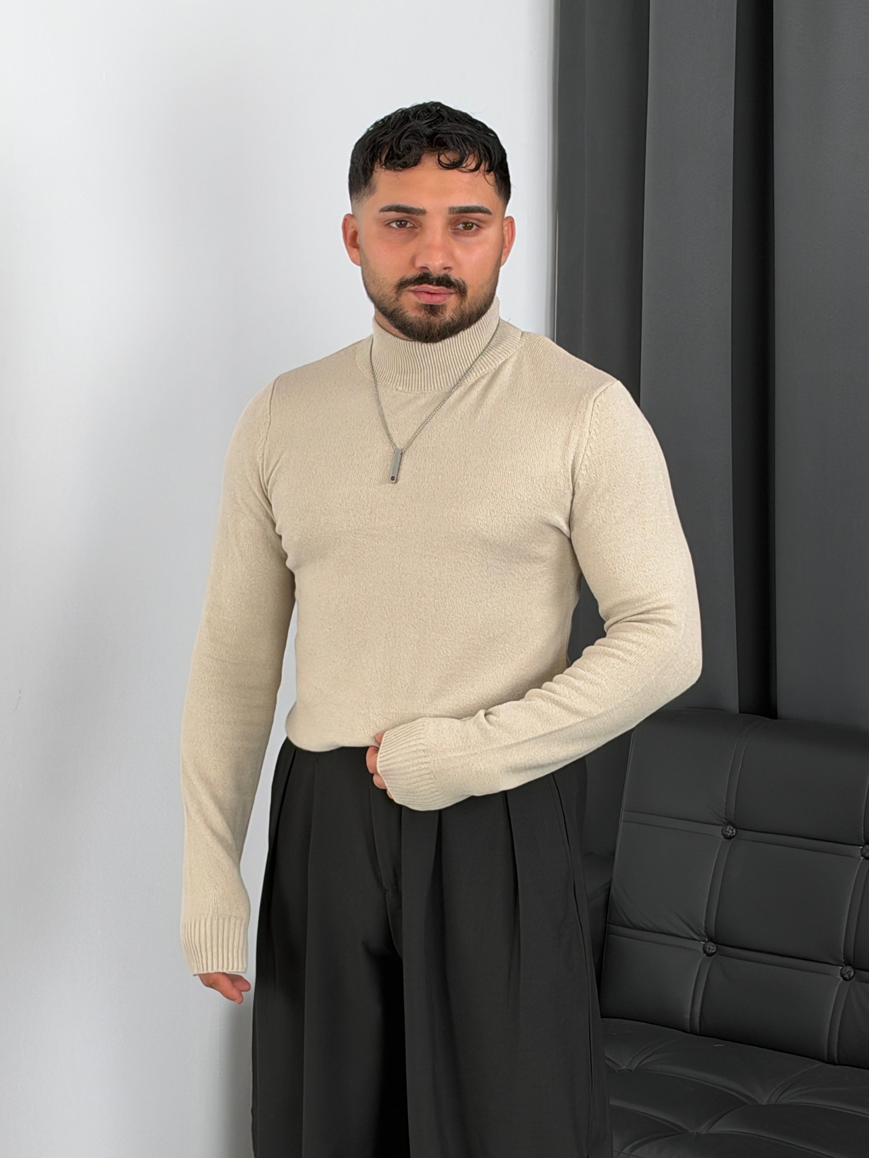 Basic Triko Balıkçı Yaka Sweatshirt Krem