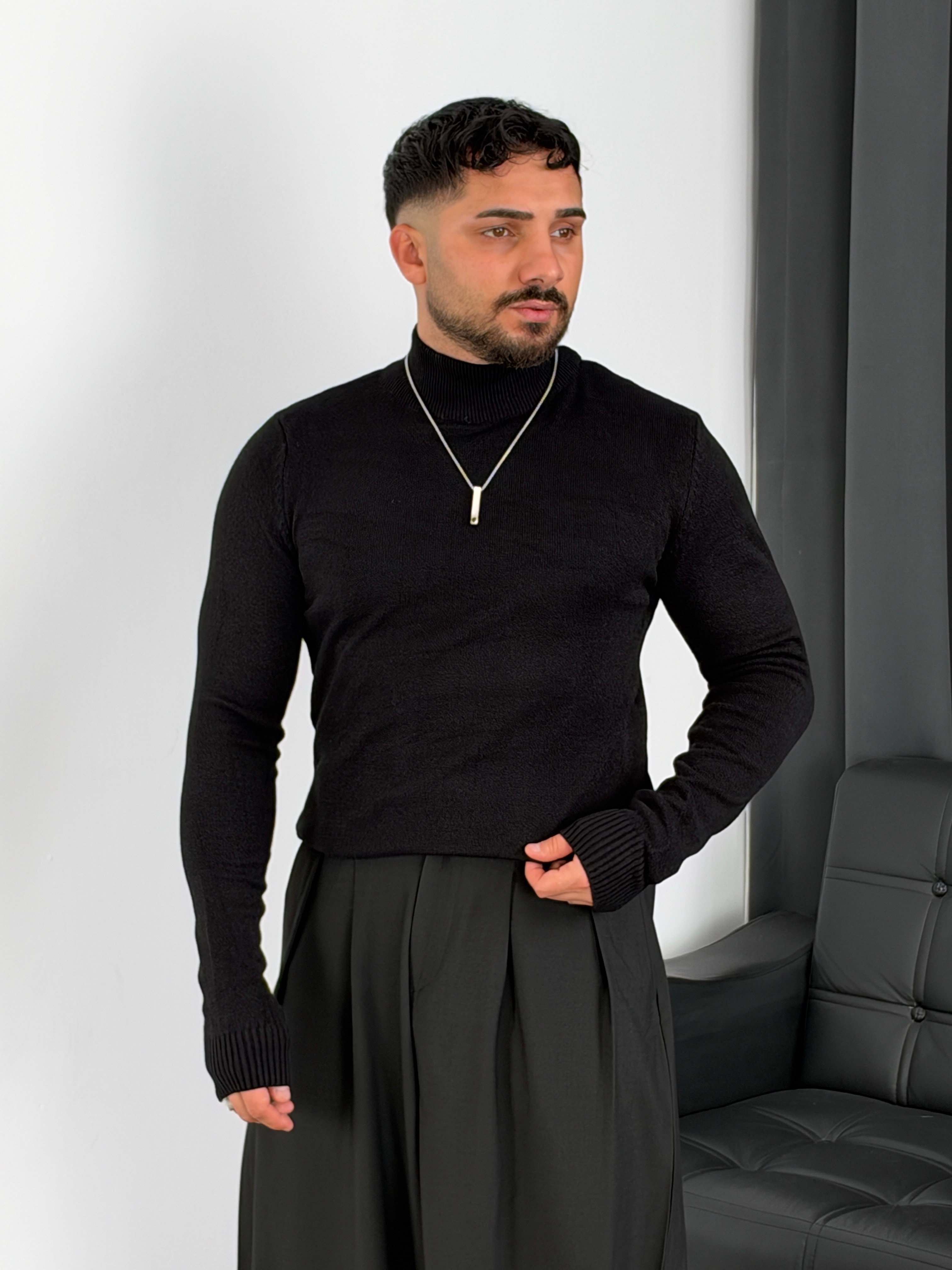 Basic Triko Balıkçı Yaka Sweatshirt Siyah