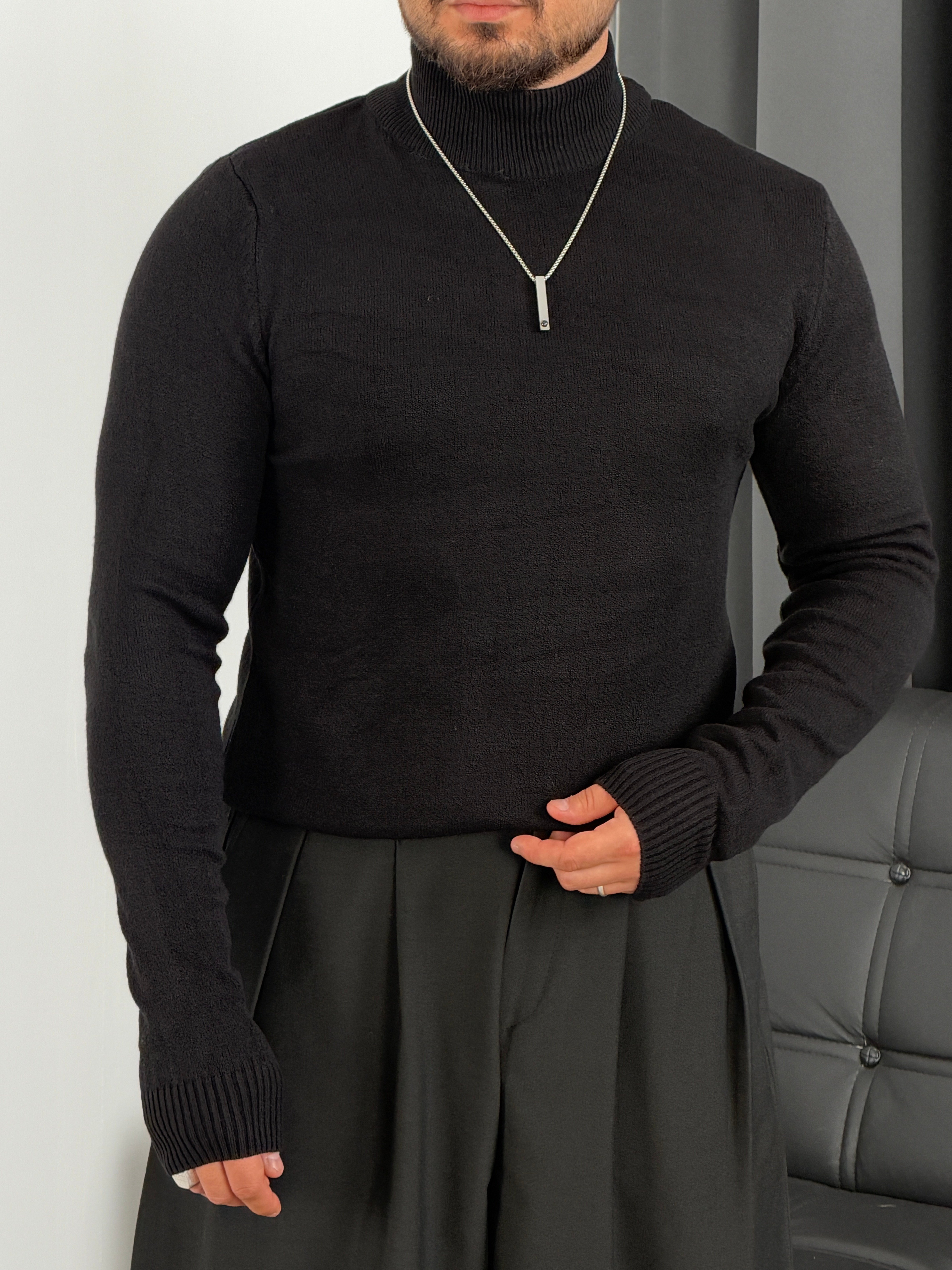 Basic Triko Balıkçı Yaka Sweatshirt Siyah