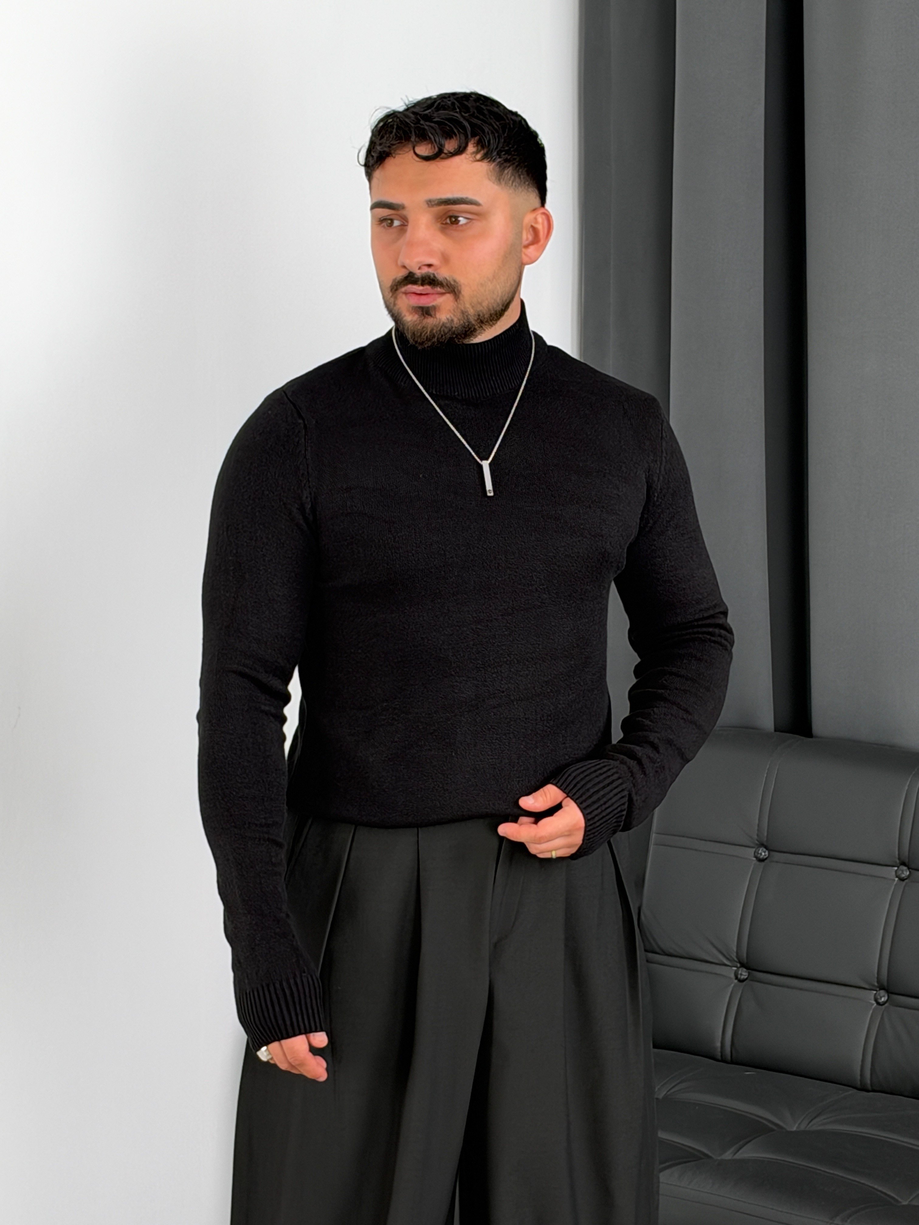 Basic Triko Balıkçı Yaka Sweatshirt Siyah