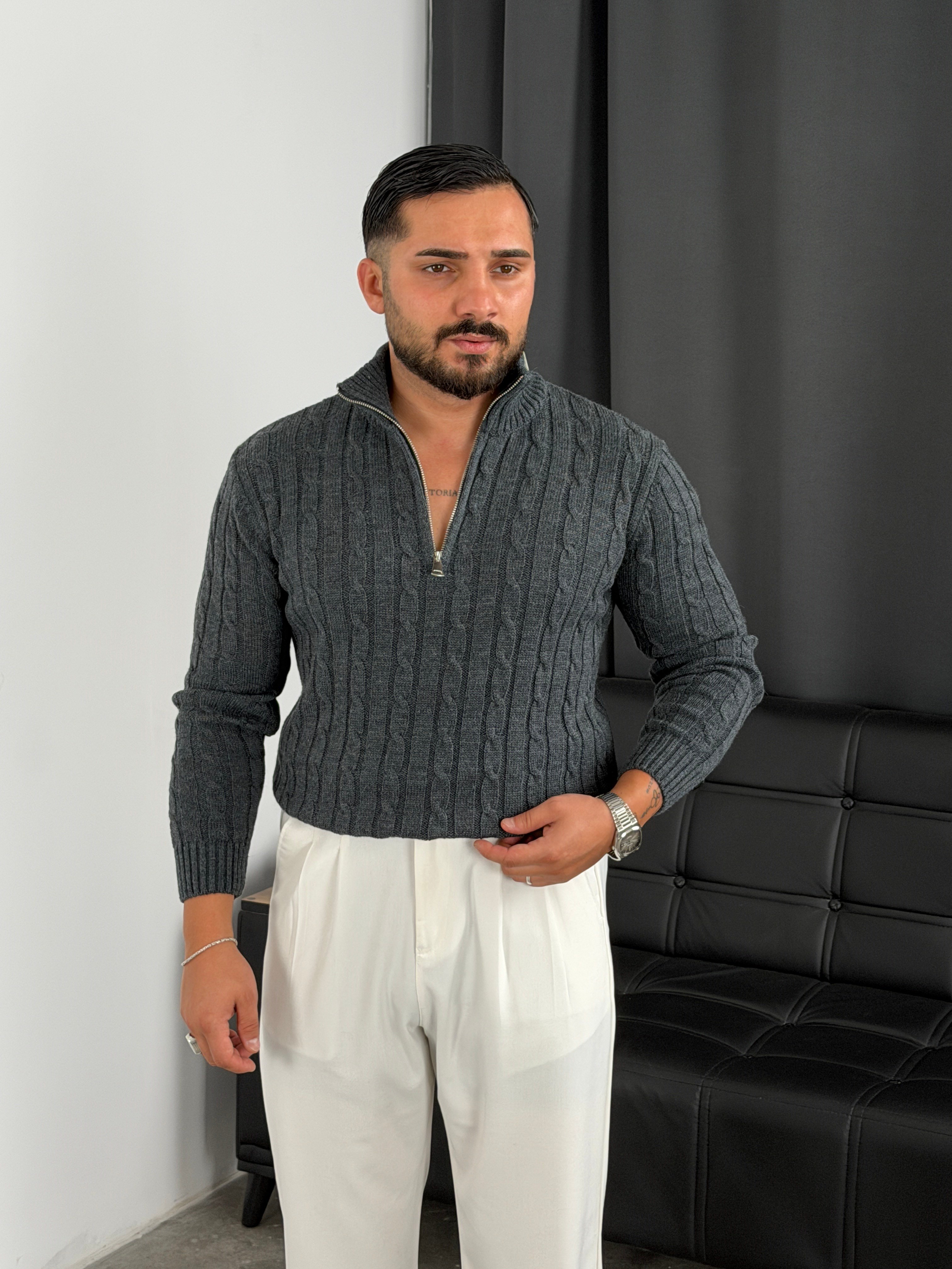 Burgu Yarım Fermuar Triko Sweatshirt Antrasit