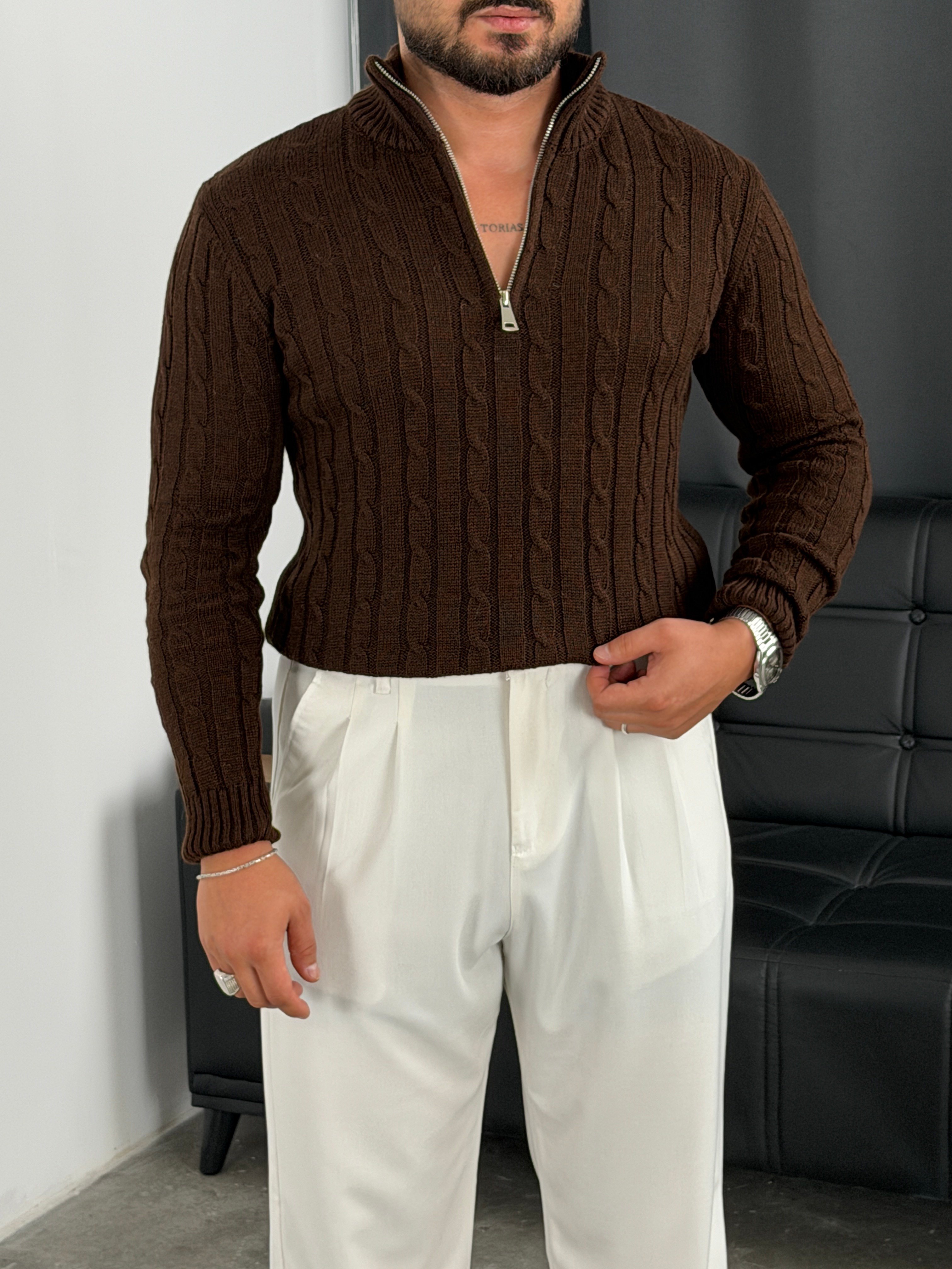 Burgu Yarım Fermuar Triko Sweatshirt Acı kahve