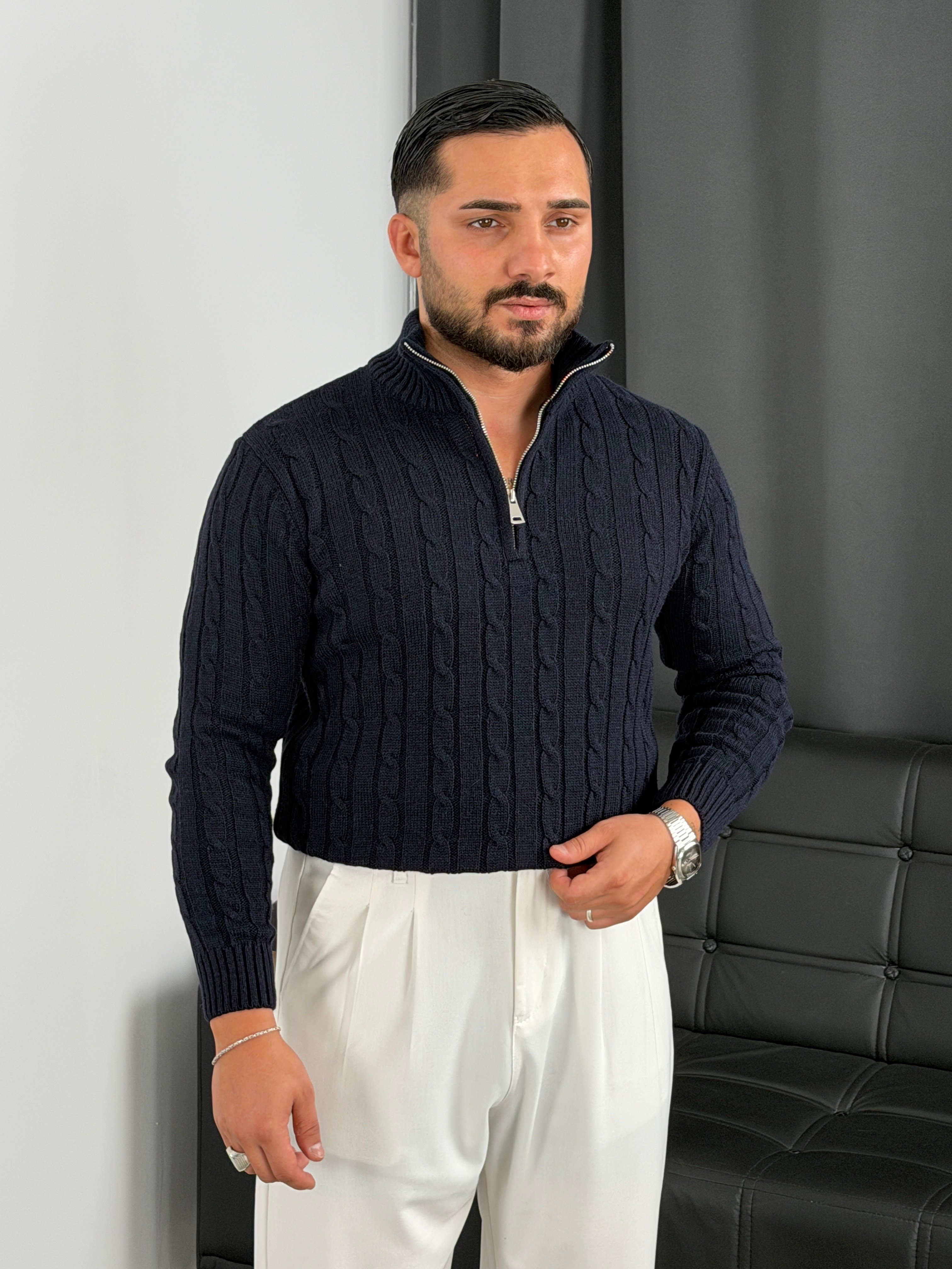Burgu Yarım Fermuar Triko Sweatshirt Lacivert