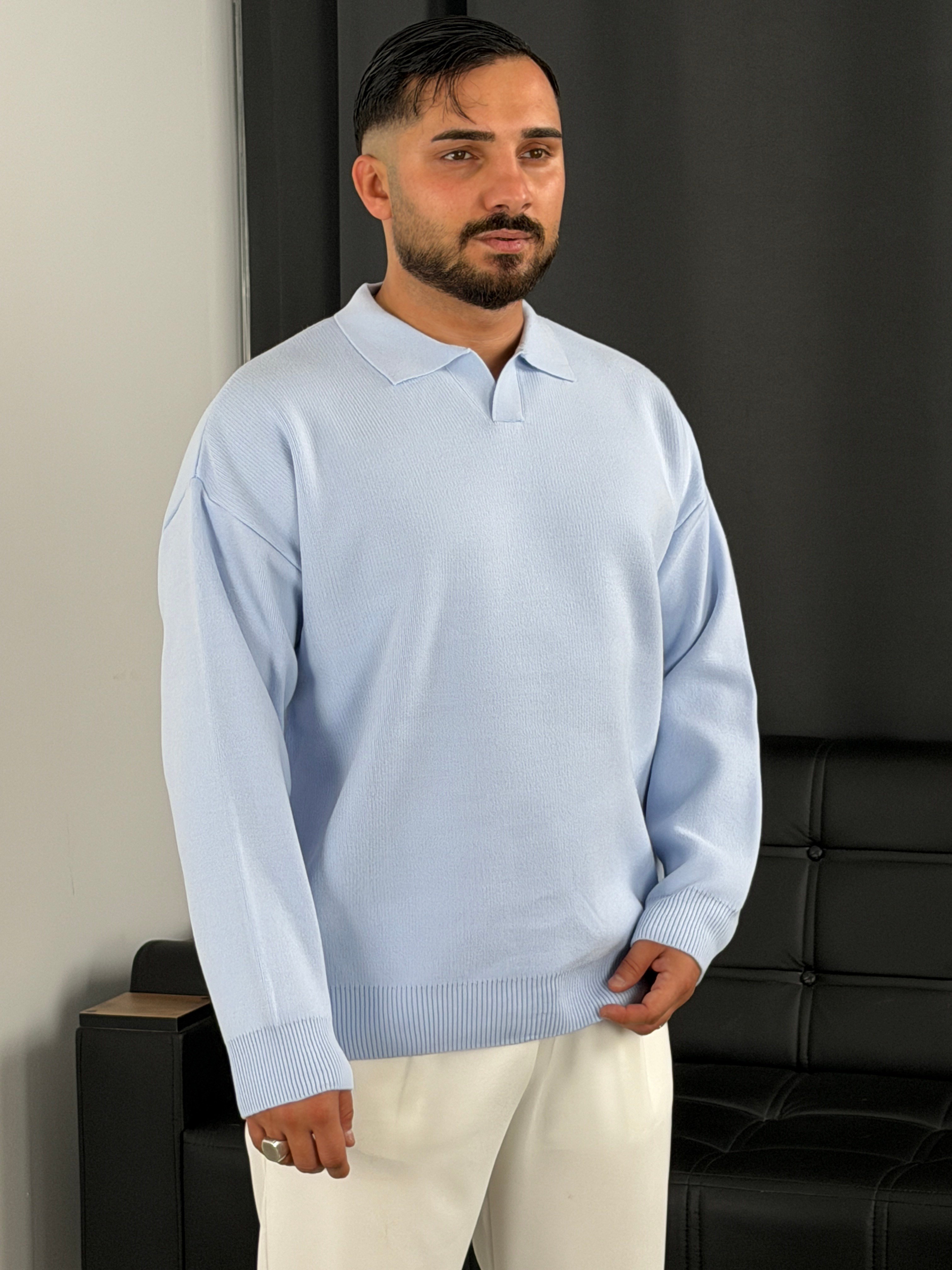 Çelik Örgü Oversize Polo Yaka Triko Sweatshirt Bebe Mavi