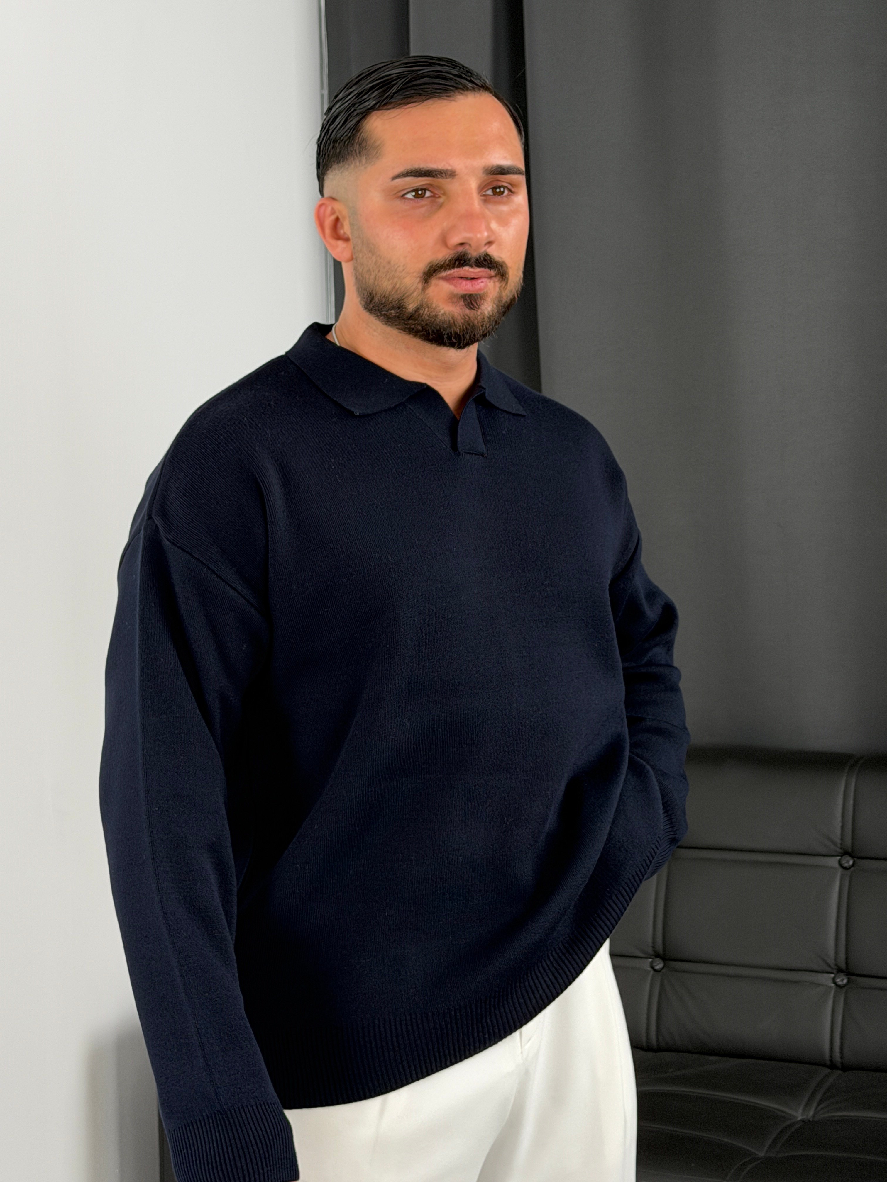 Çelik Örgü Oversize Polo Yaka Triko Sweatshirt Lacivert