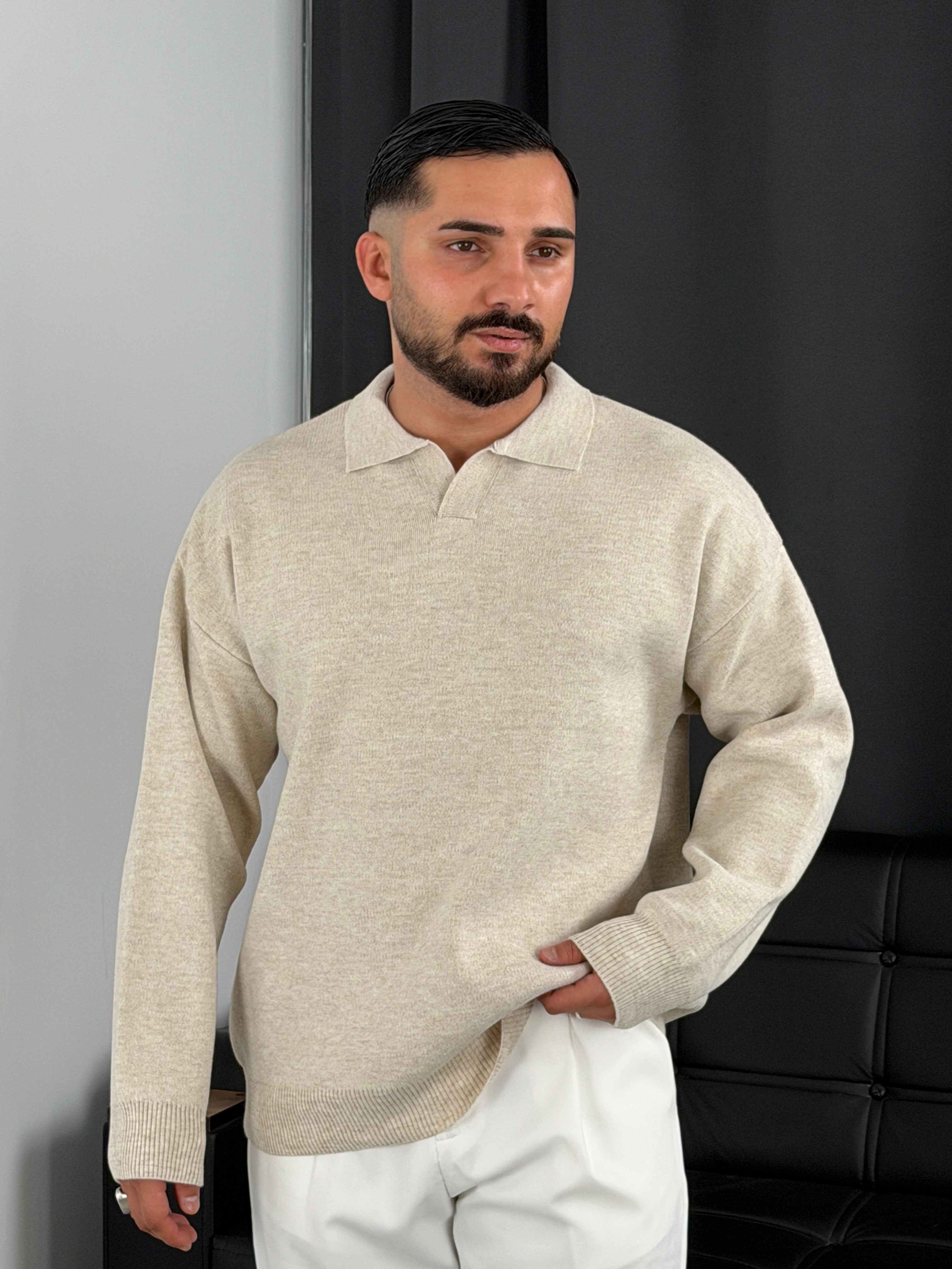 Çelik Örgü Oversize Polo Yaka Triko Sweatshirt Bej