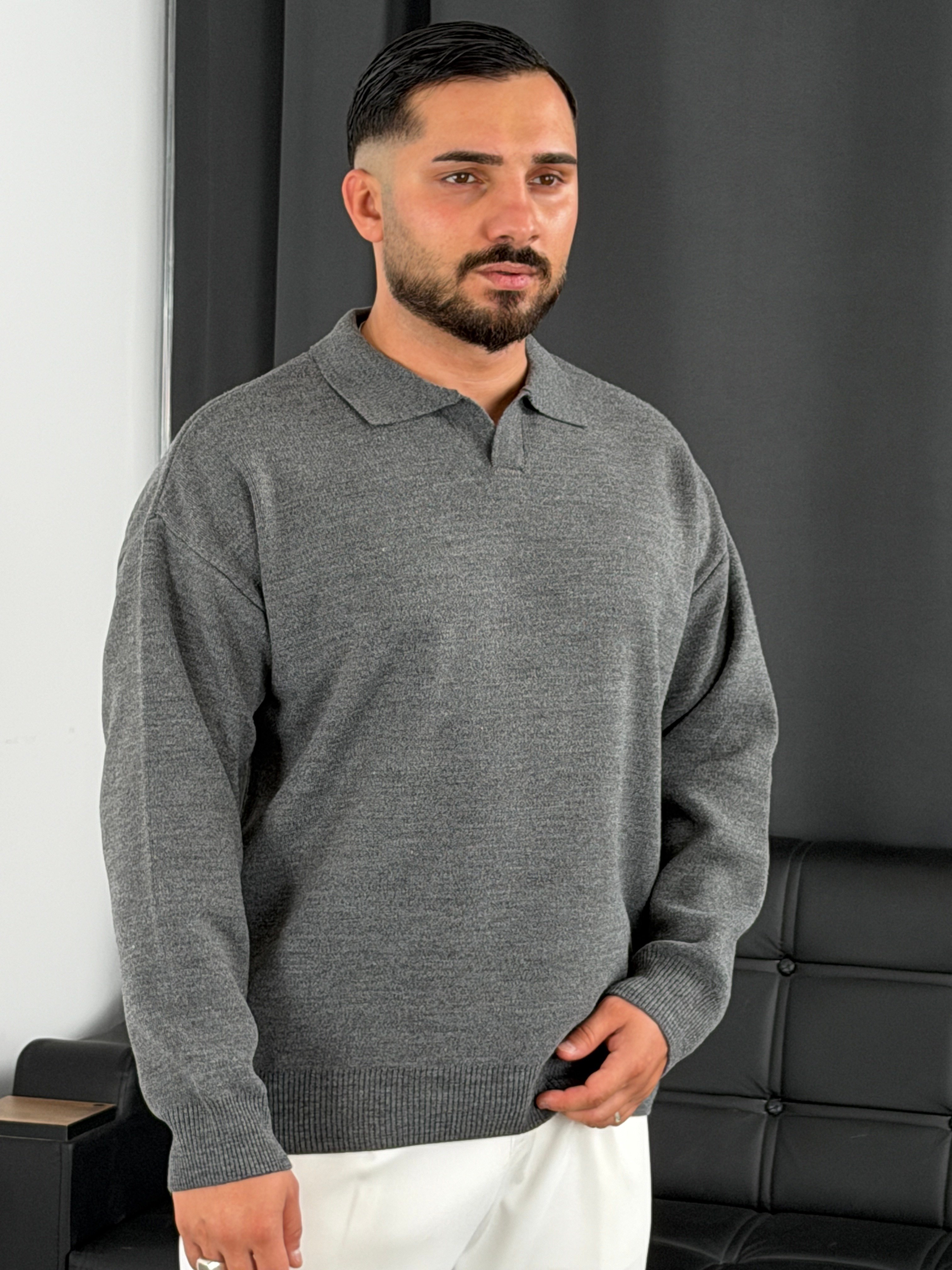 Çelik Örgü Oversize Polo Yaka Triko Sweatshirt Füme