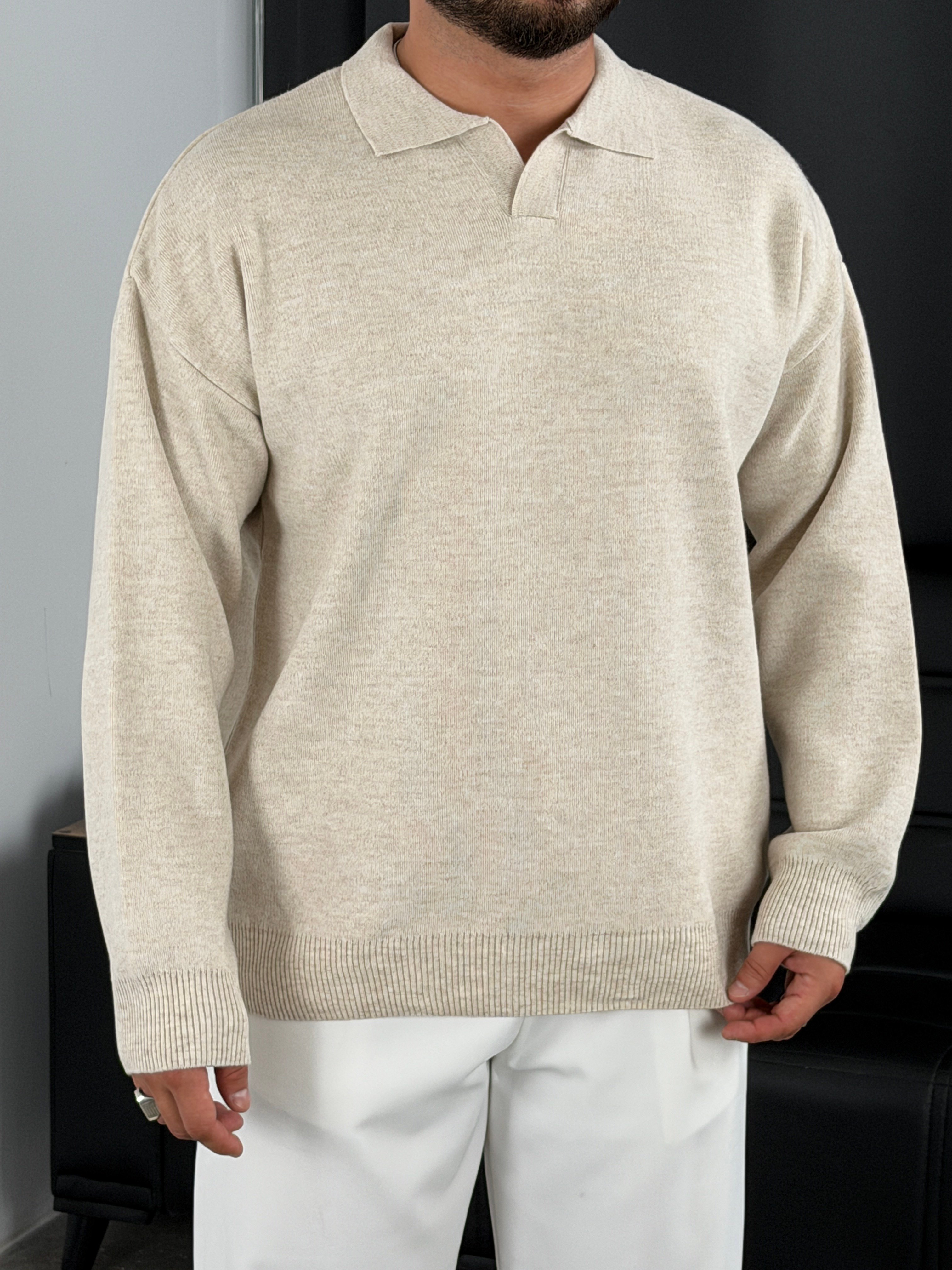 Çelik Örgü Oversize Polo Yaka Triko Sweatshirt Bej