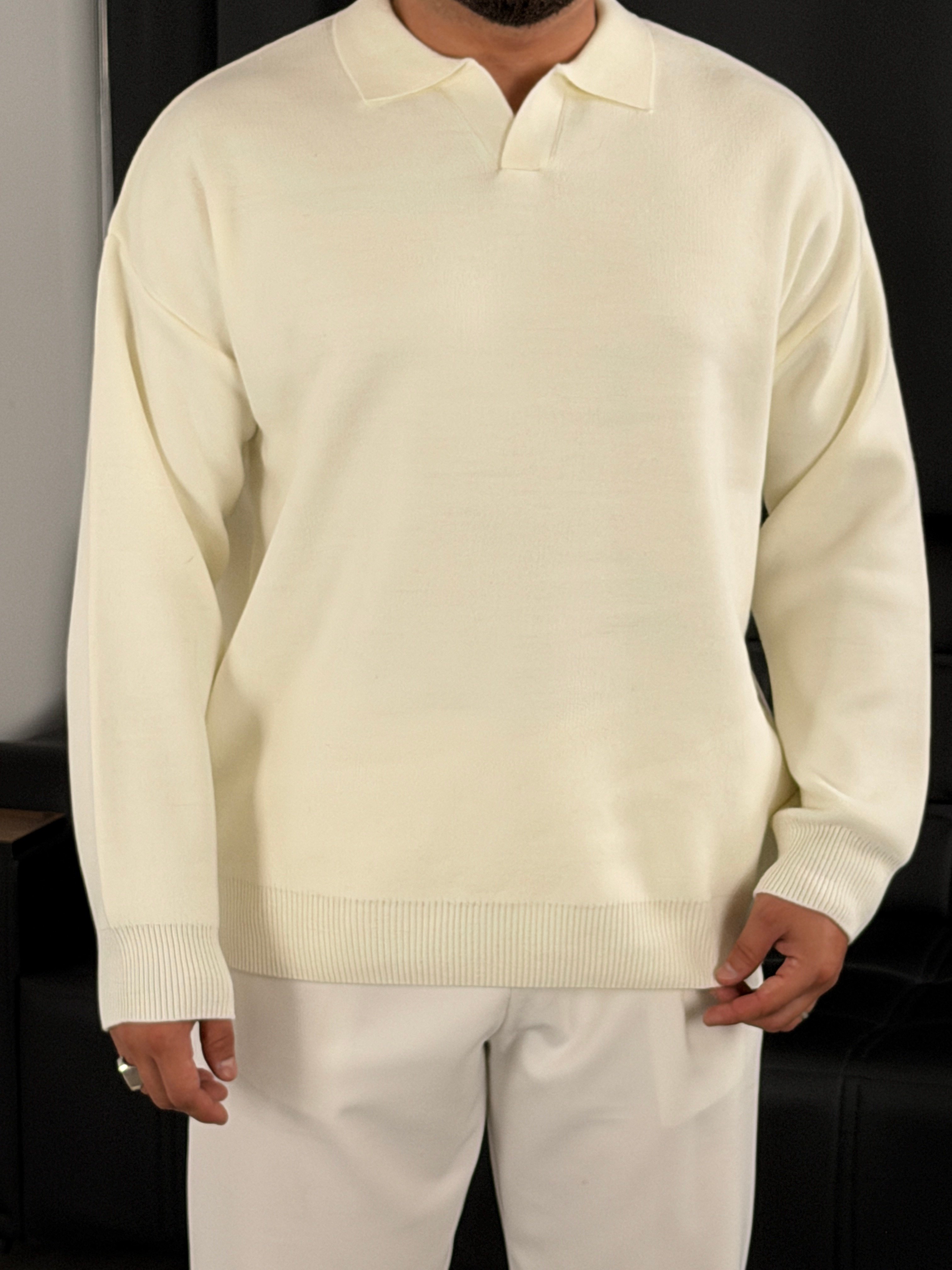 Çelik Örgü Oversize Polo Yaka Triko Sweatshirt Ekru